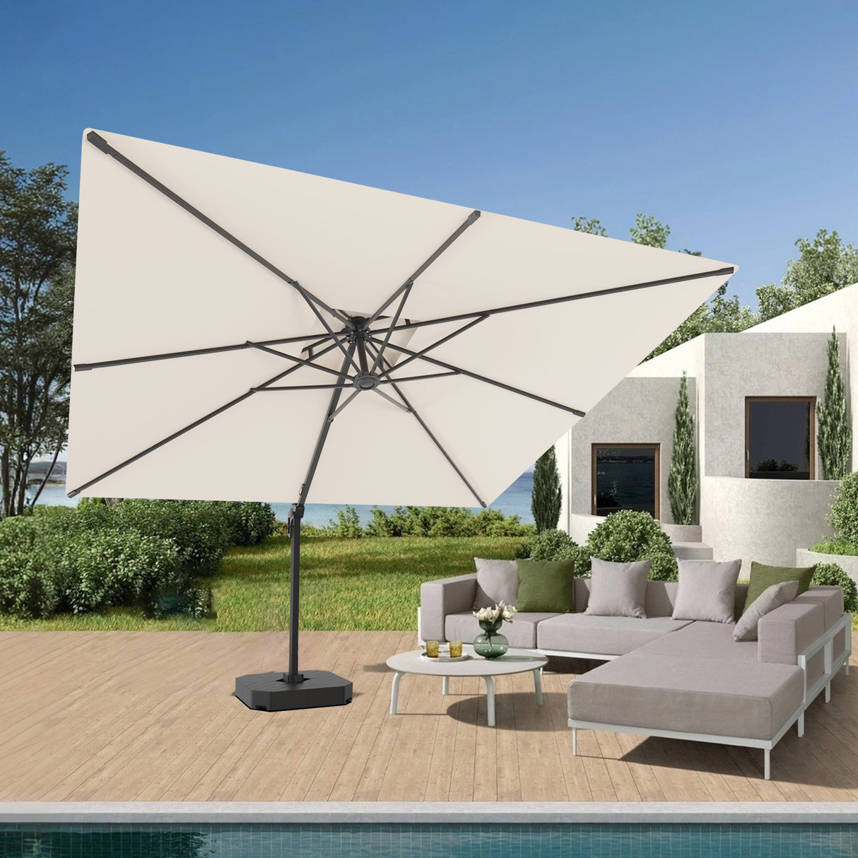 Patioslife Aegis Pro™ Cantilever Umbrella with Base & Protective Cover — Fibreglass Ribs & Powder-Coated Aluminium Pole for Garden & Patio