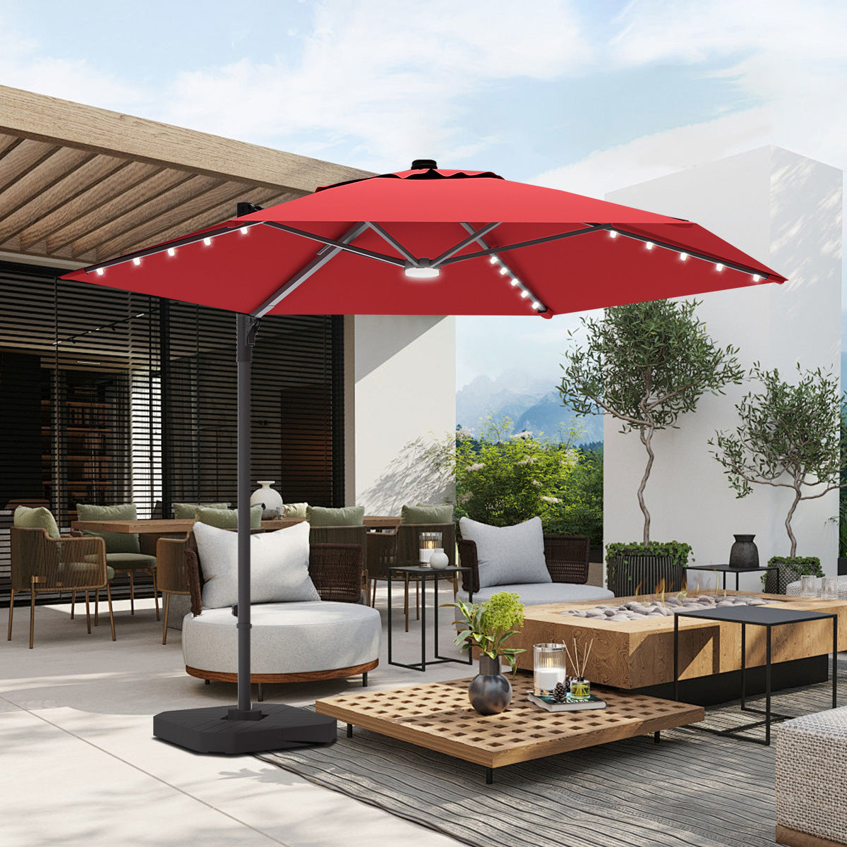 Patioslife Aegis Pro™ All-in-One Shade Round Cantilever Patio Umbrella with solar LED lights | Premium Cover | Large Base