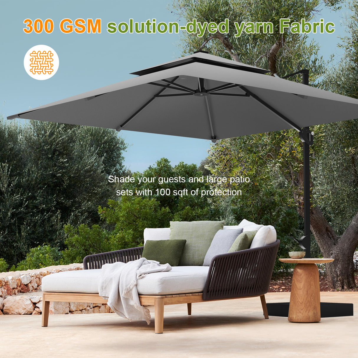 Patioslife Aegis Pro™ Cantilever Umbrella with Base & Protective Cover — Fibreglass Ribs & Powder-Coated Aluminium Pole for Garden & Patio