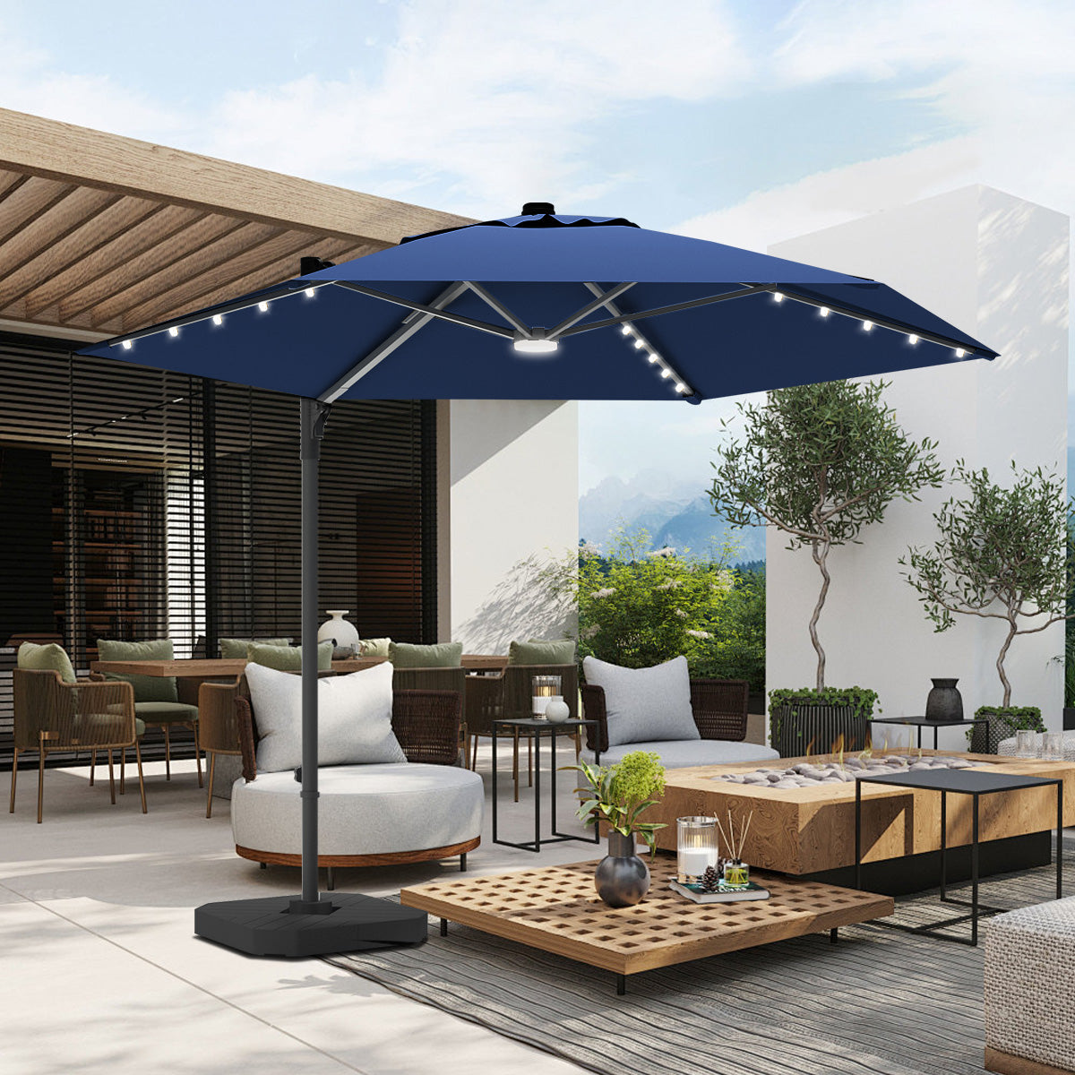 Patioslife Aegis Pro™ All-in-One Shade Round Cantilever Patio Umbrella with solar LED lights | Premium Cover | Large Base