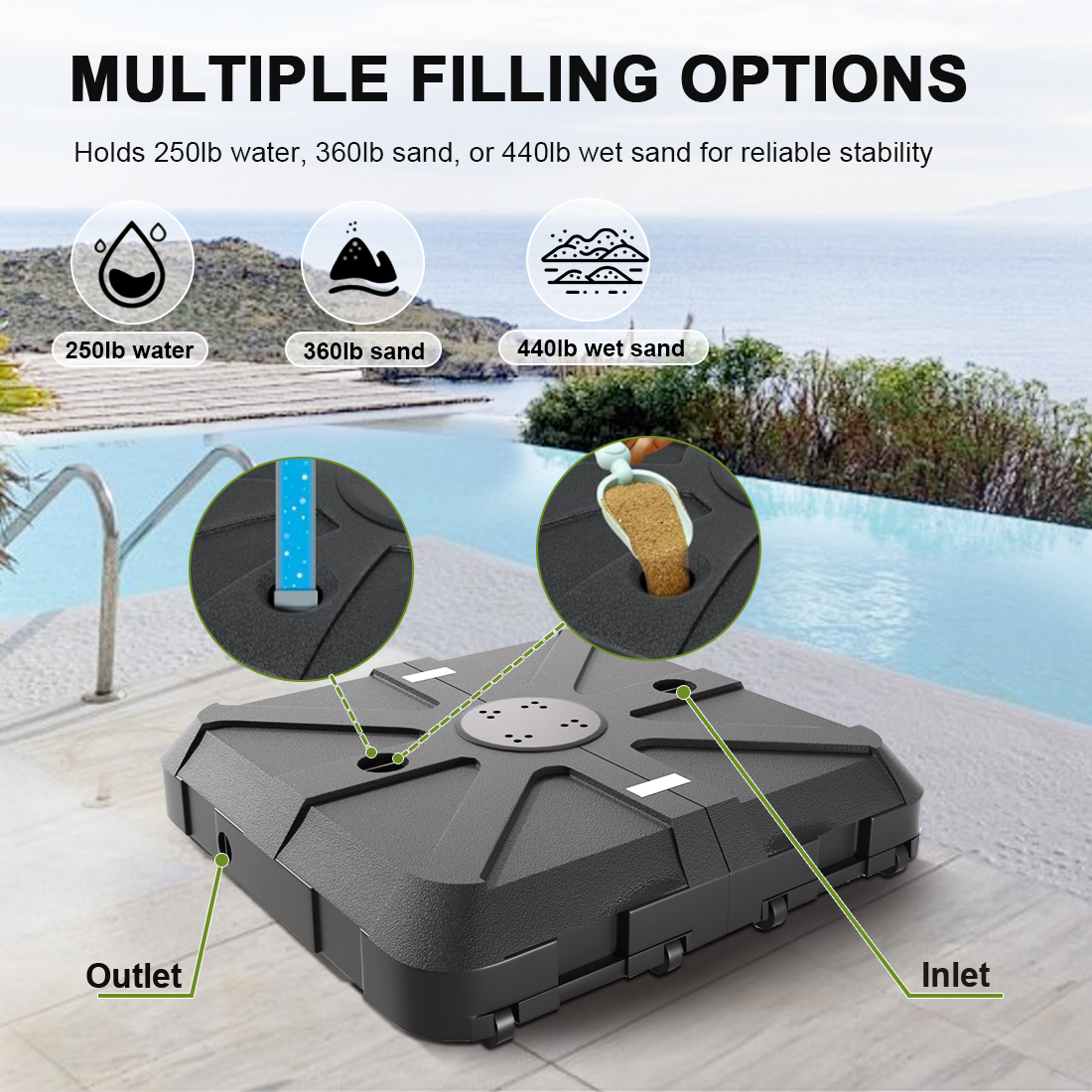 Patioslife™ Cantilever Umbrella Base 250–440lb, Heavy-Duty Outdoor Rolling Stand, Refillable HDPE Offset Weights with Wheels for Patio, Garden & Poolside Stability