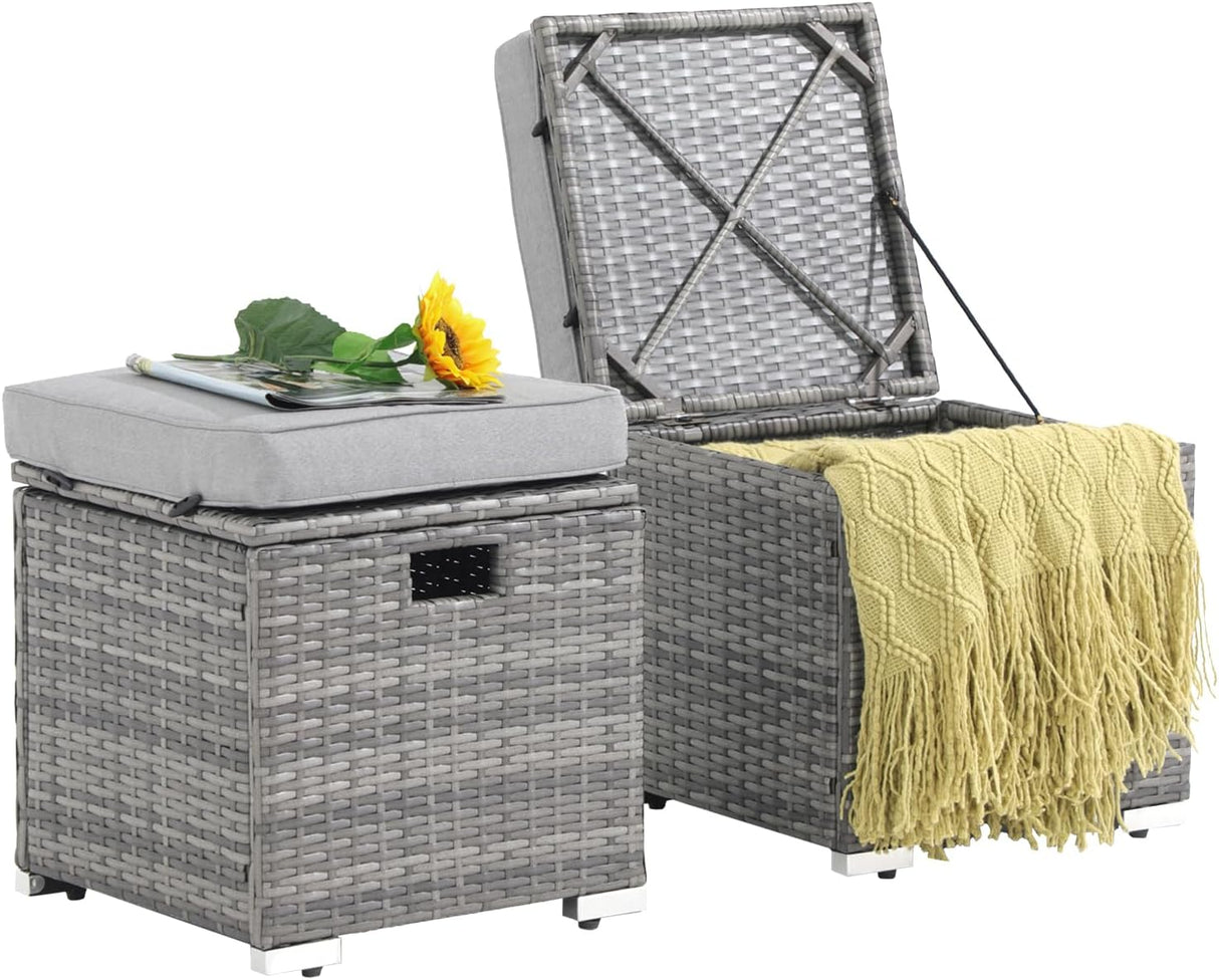 Patioslife Outdoor Ottoman with Storage – Grey PE Rattan Footrest with Thick Cushion for Patio or Pool