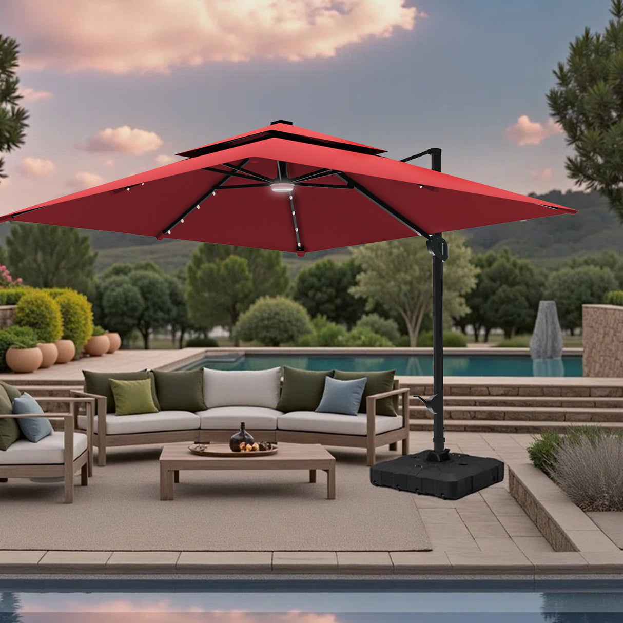 Patioslife Aegis Pro Cantilever Umbrella with LED Lights and Cover, Reinforced & Powder-Coated Aluminium Ribs and Pole — Perfect for Garden & Patio