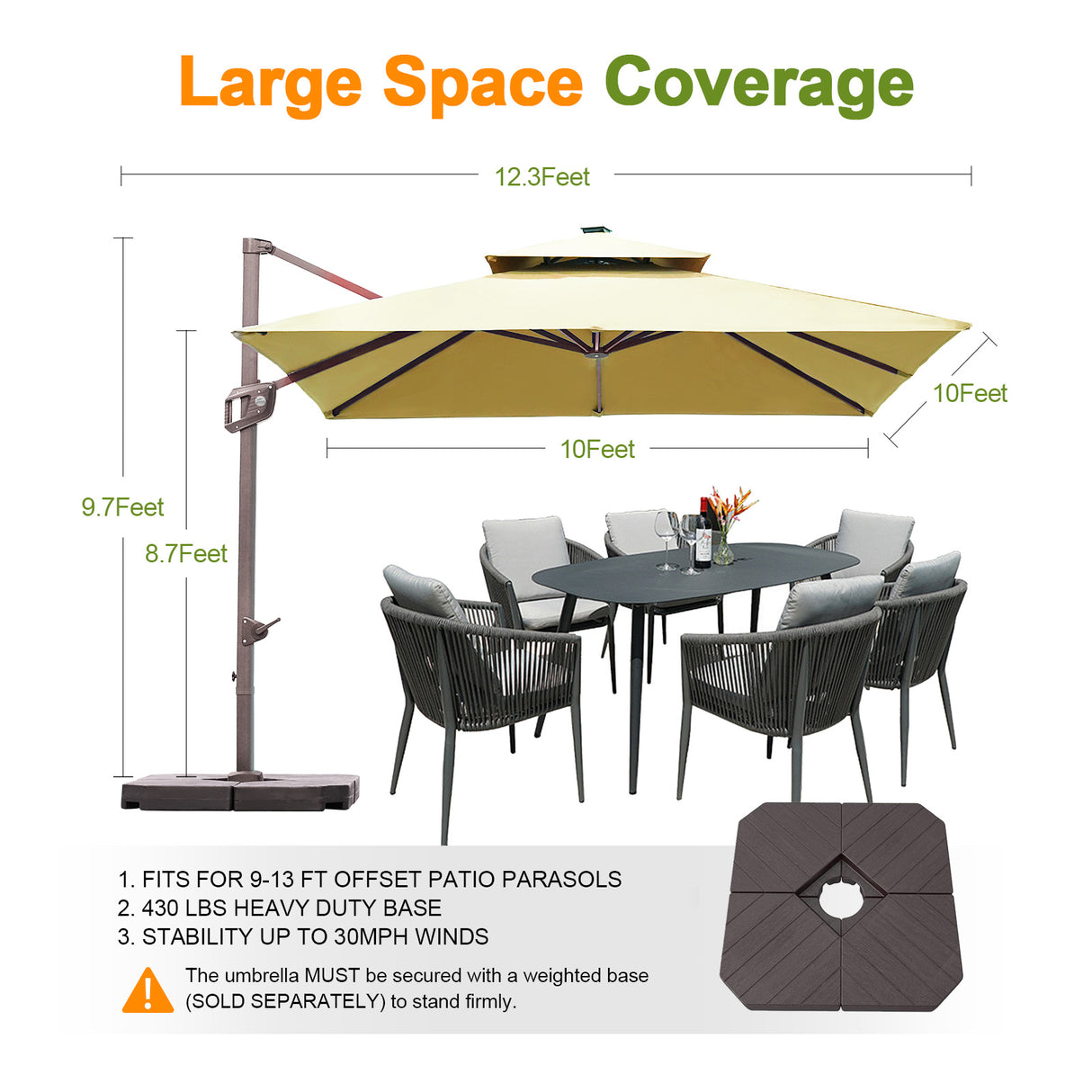 Patioslife Aegis Pro™ Cantilever Umbrella with Base & Protective Cover — Fibreglass Ribs & Powder-Coated Aluminium Pole for Garden & Patio