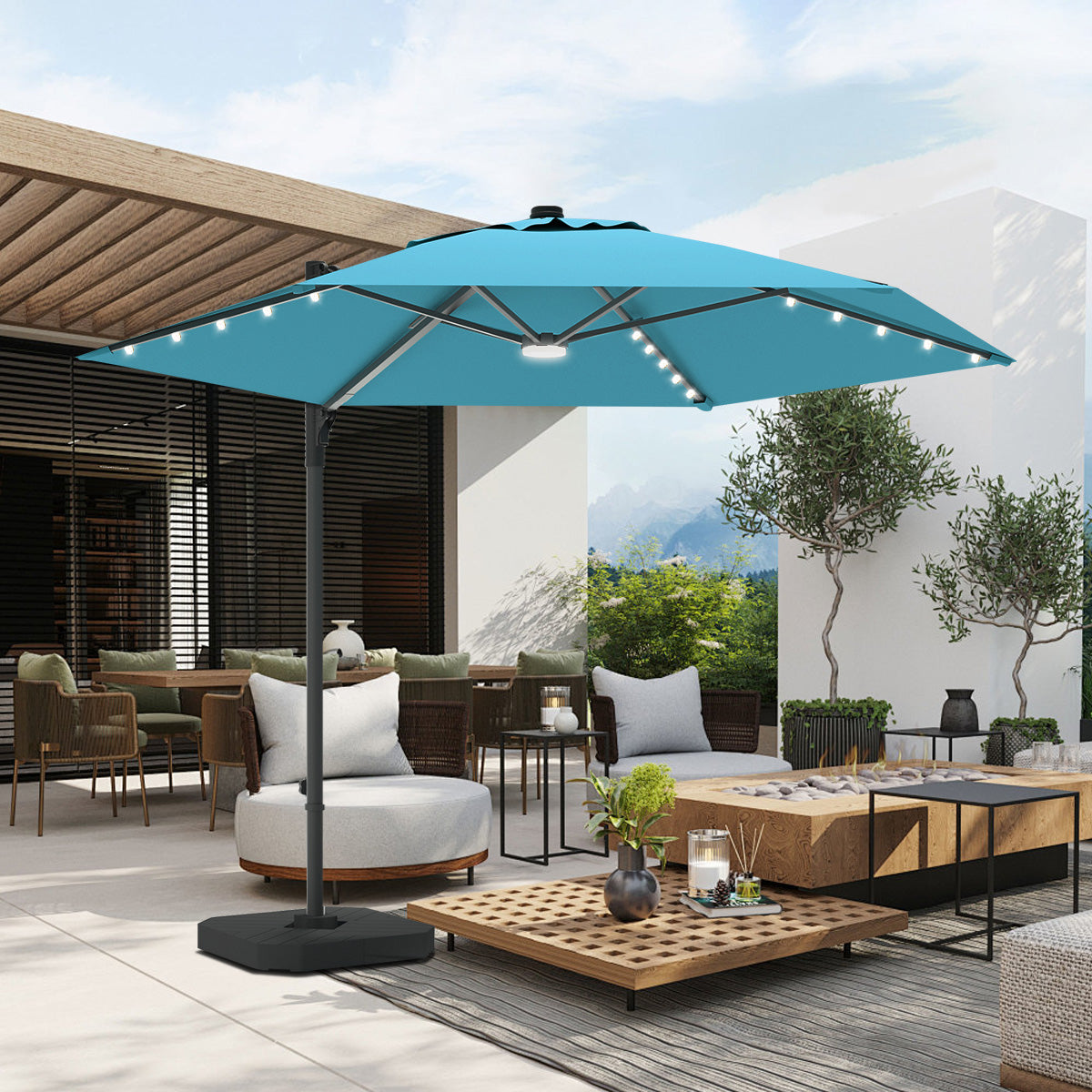 Patioslife Aegis Pro™ All-in-One Shade Round Cantilever Patio Umbrella with solar LED lights | Premium Cover | Large Base