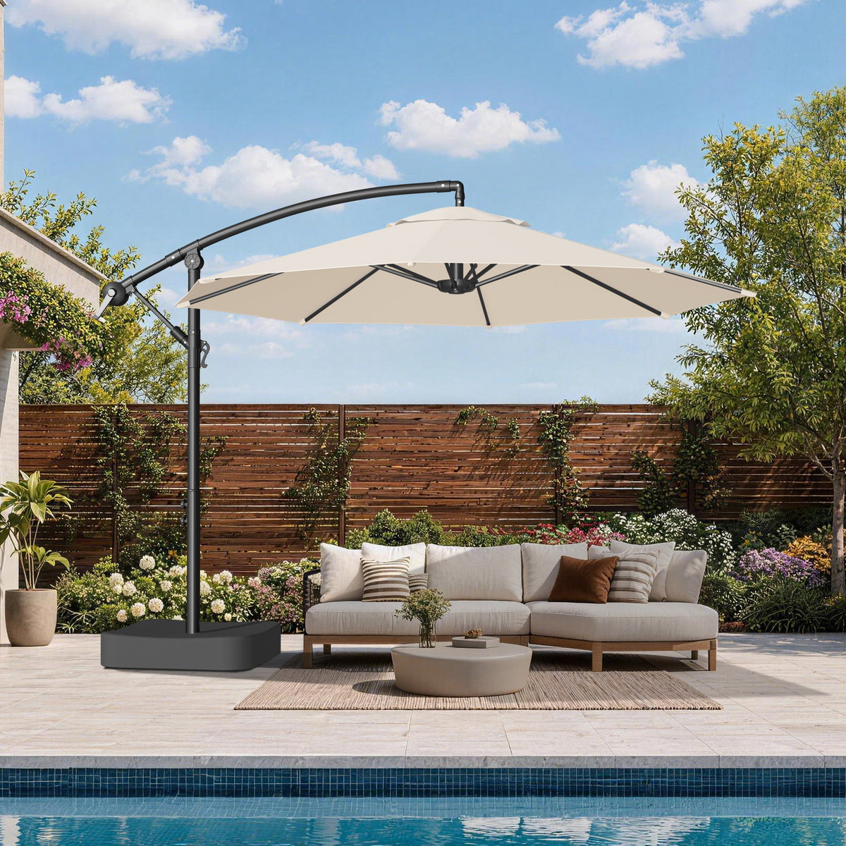 Patioslife 10ft Cantilever Patio Umbrella with Base – Heavy Duty Offset Outdoor Umbrella for Patio, Backyard, Deck & Poolside