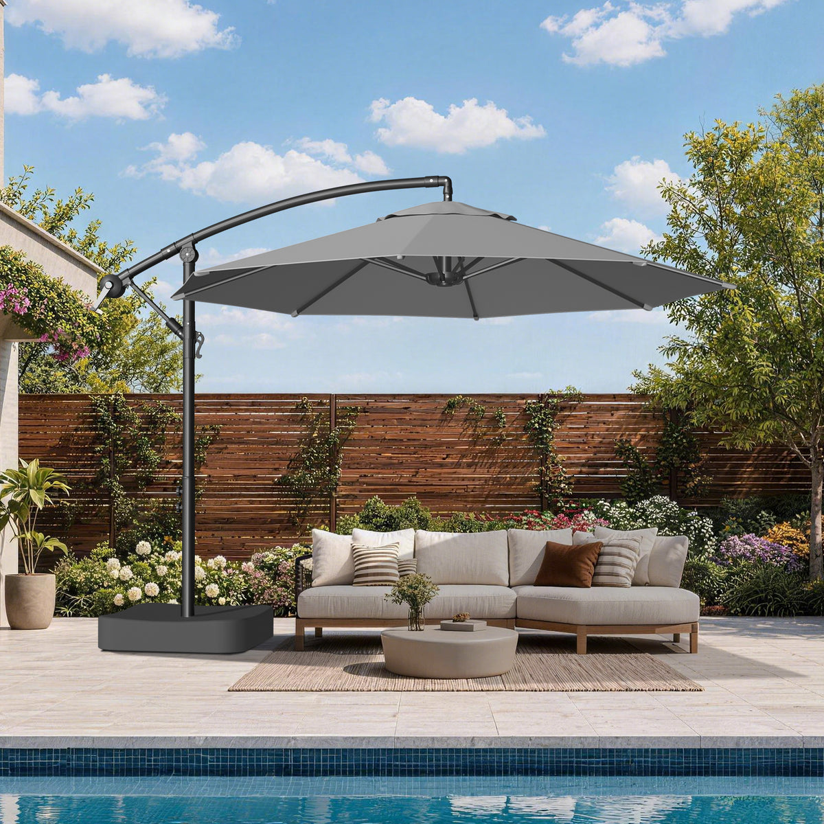 Patioslife 10ft Cantilever Patio Umbrella with Base – Heavy Duty Offset Outdoor Umbrella for Patio, Backyard, Deck & Poolside