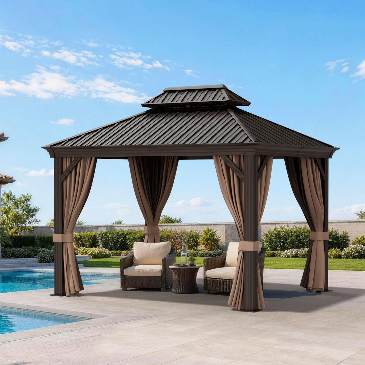 Patioslife Haven Luxury Hardtop Gazebo with 4.7” x 4.7” Reinforced Aluminum Posts, Built-In Drainage Gutters, Curtains & Netting for Patios & Backyards