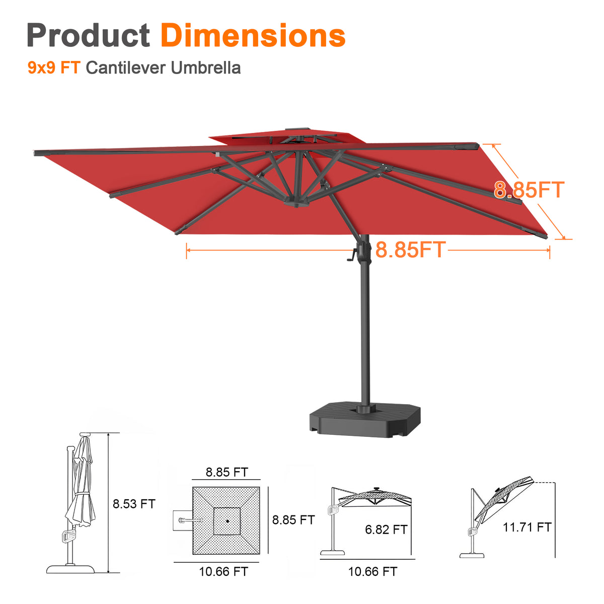 Patioslife Aegis Cantilever Umbrella with Reinforced Aluminum Ribs and Pole for Patios, Gardens & Decks