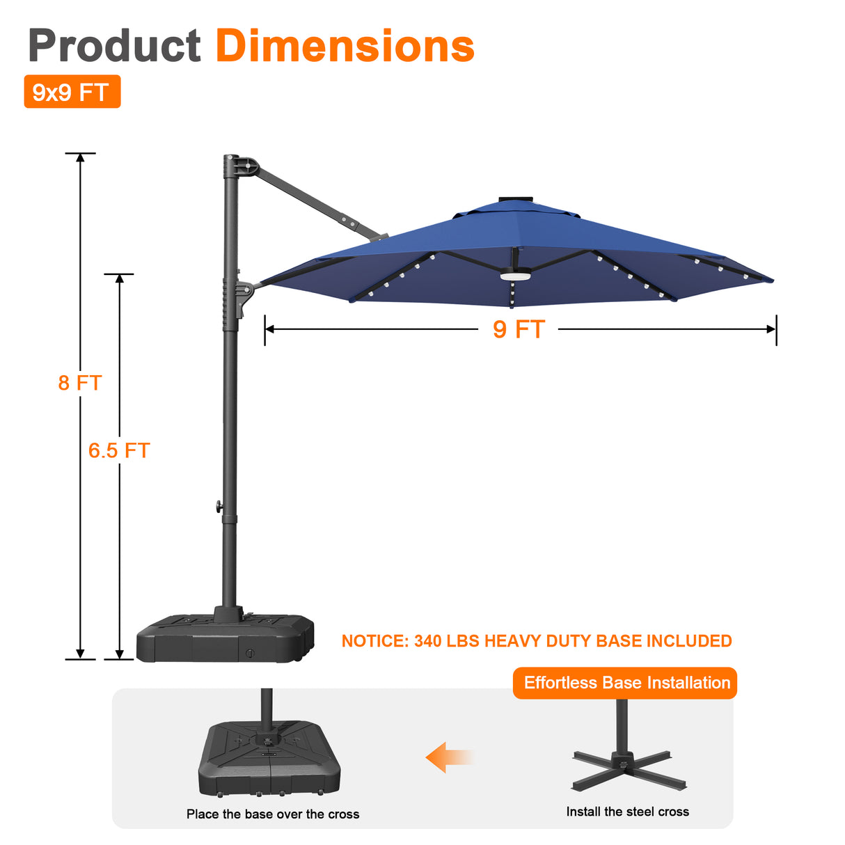 Patioslife Aegis 10ft Round Cantilever Patio Umbrella with solar LED lights | Premium Cover | Large Base