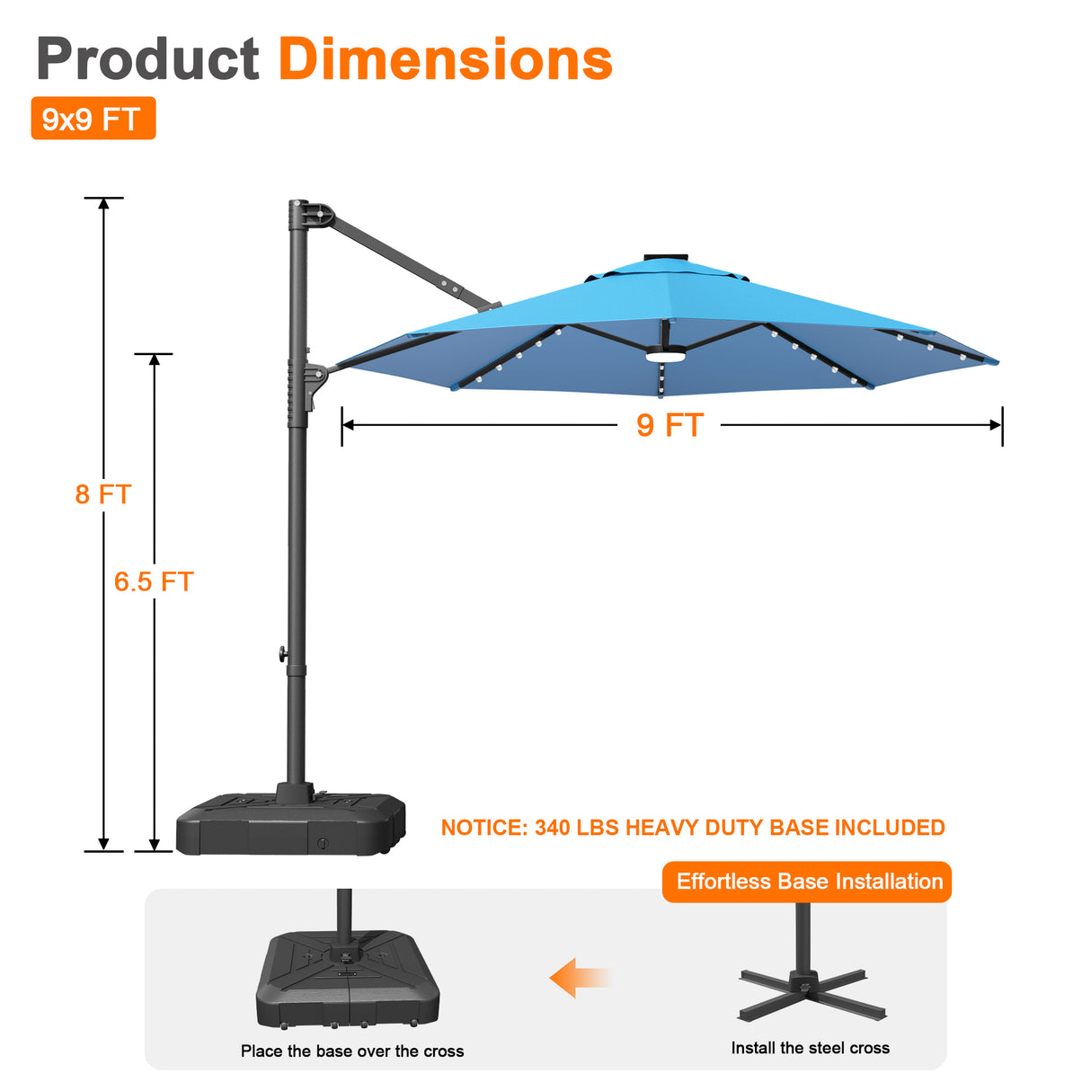 Patioslife Aegis 10ft Round Cantilever Patio Umbrella with solar LED lights | Premium Cover | Large Base