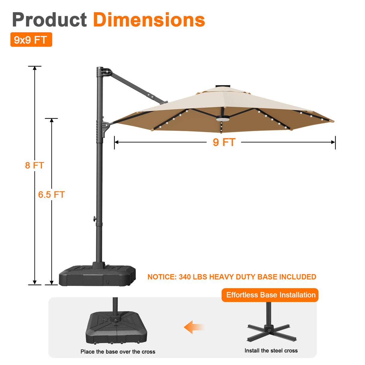 Patioslife Aegis 10ft Round Cantilever Patio Umbrella with solar LED lights | Premium Cover | Large Base