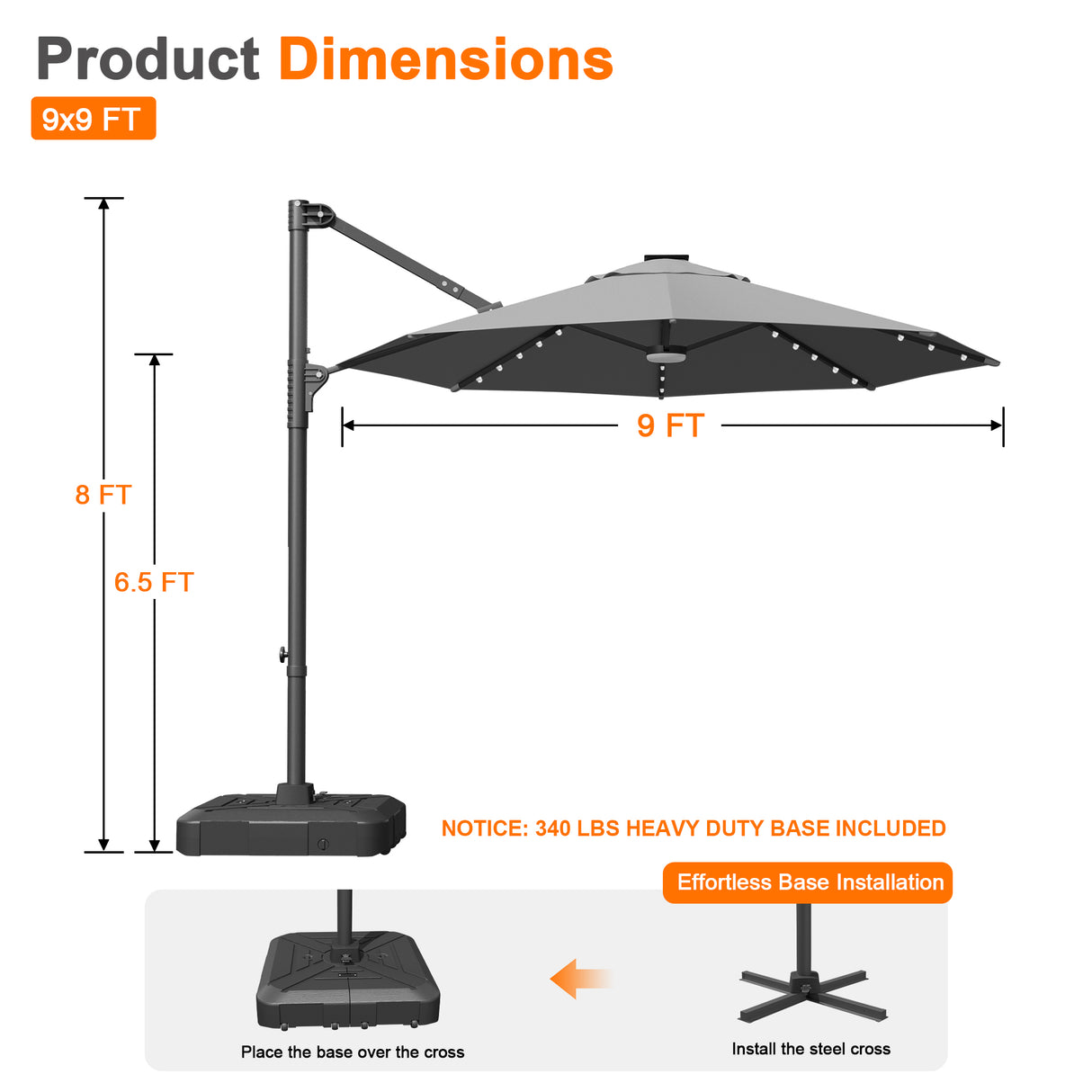 Patioslife Aegis 10ft Round Cantilever Patio Umbrella with solar LED lights | Premium Cover | Large Base