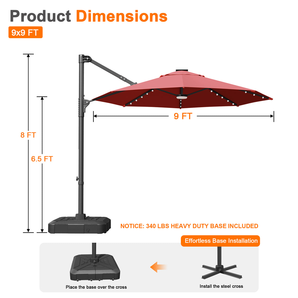 Patioslife Aegis 10ft Round Cantilever Patio Umbrella with solar LED lights | Premium Cover | Large Base