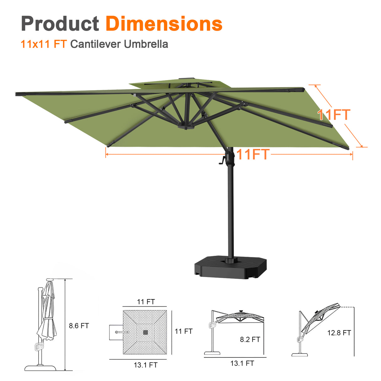 Patioslife Aegis Cantilever Umbrella with Reinforced Aluminum Ribs and Pole for Patios, Gardens & Decks