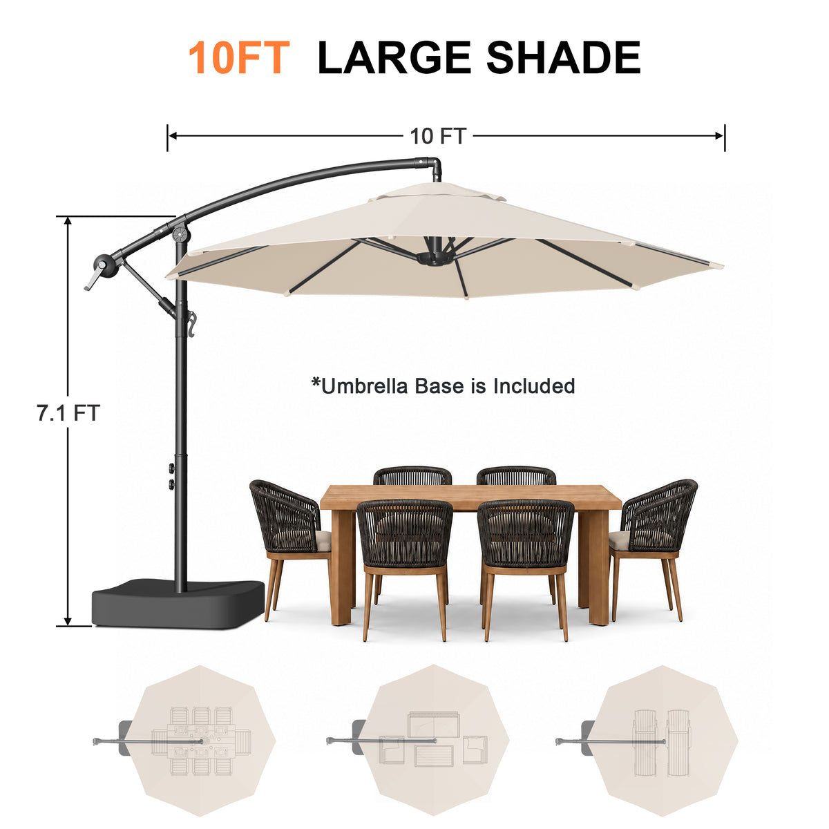 Patioslife 10ft Cantilever Patio Umbrella with Base – Heavy Duty Offset Outdoor Umbrella for Patio, Backyard, Deck & Poolside
