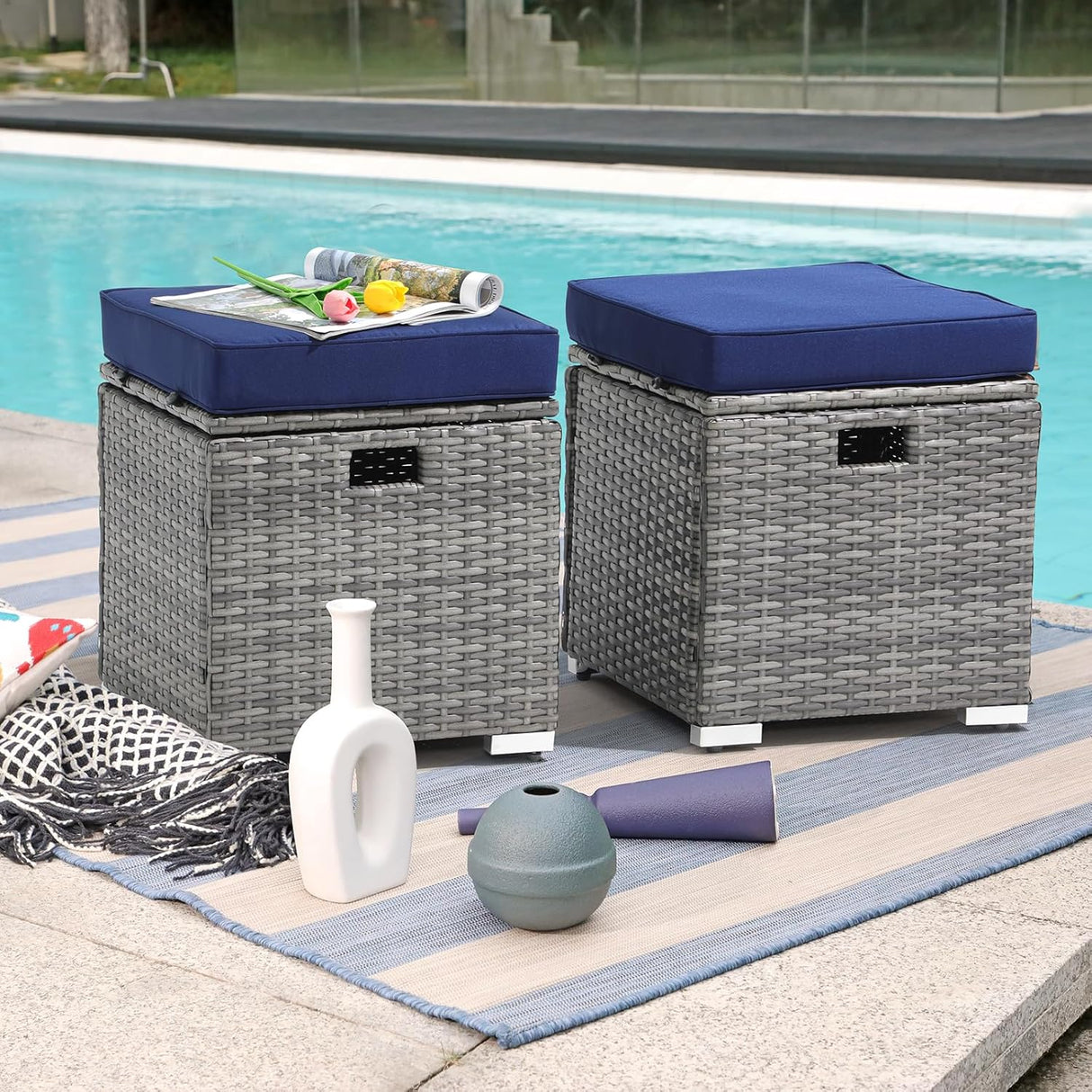 Patioslife Outdoor Ottoman with Storage – Grey PE Rattan Footrest with Thick Cushion for Patio or Pool