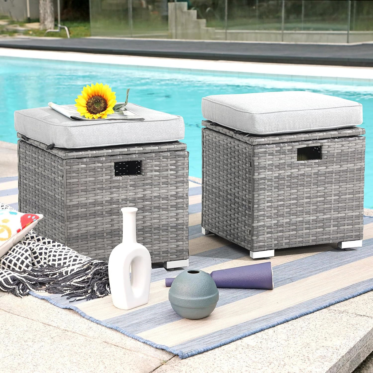 Patioslife Outdoor Ottoman with Storage – Grey PE Rattan Footrest with Thick Cushion for Patio or Pool