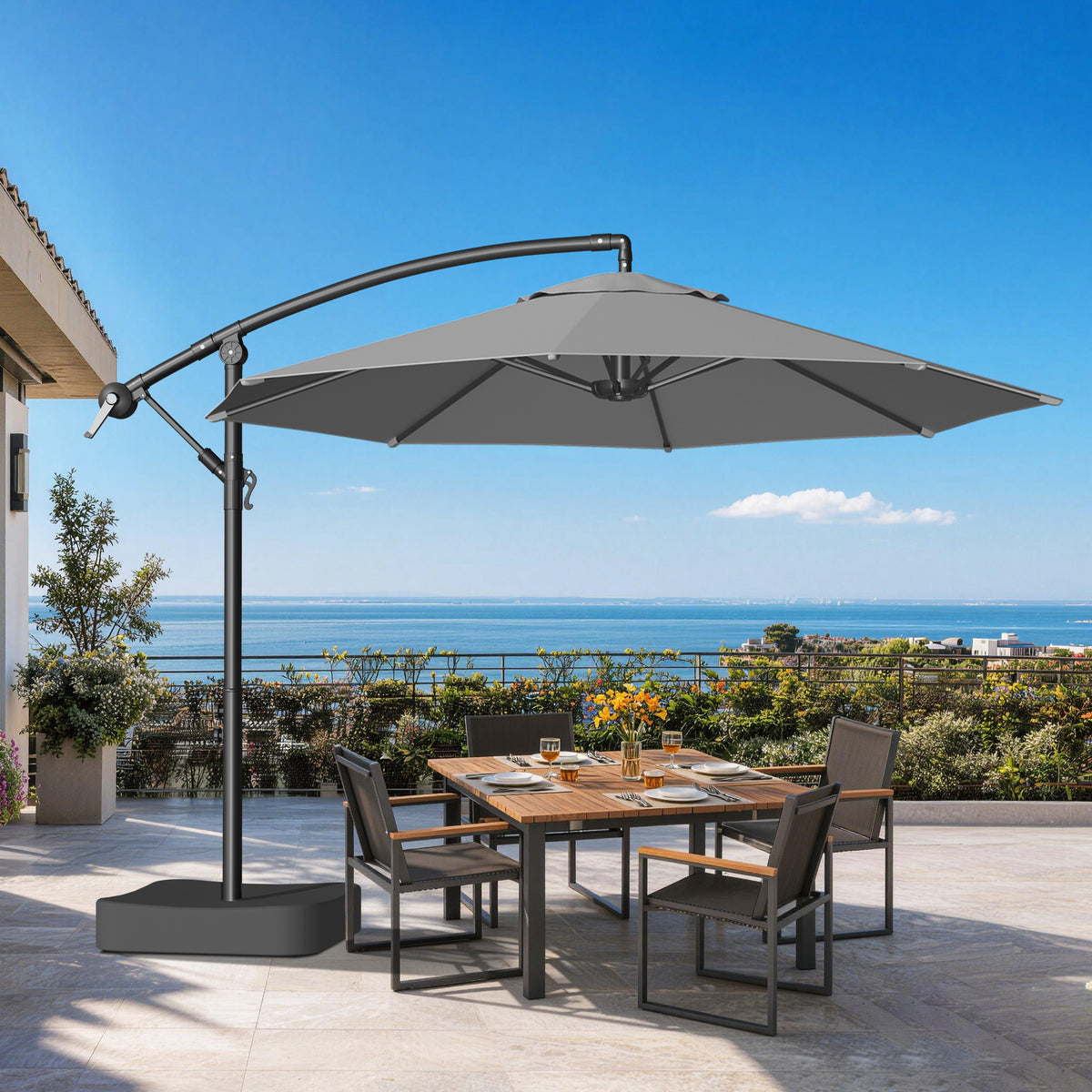 Patioslife 10ft Cantilever Patio Umbrella with Base – Heavy Duty Offset Outdoor Umbrella for Patio, Backyard, Deck & Poolside