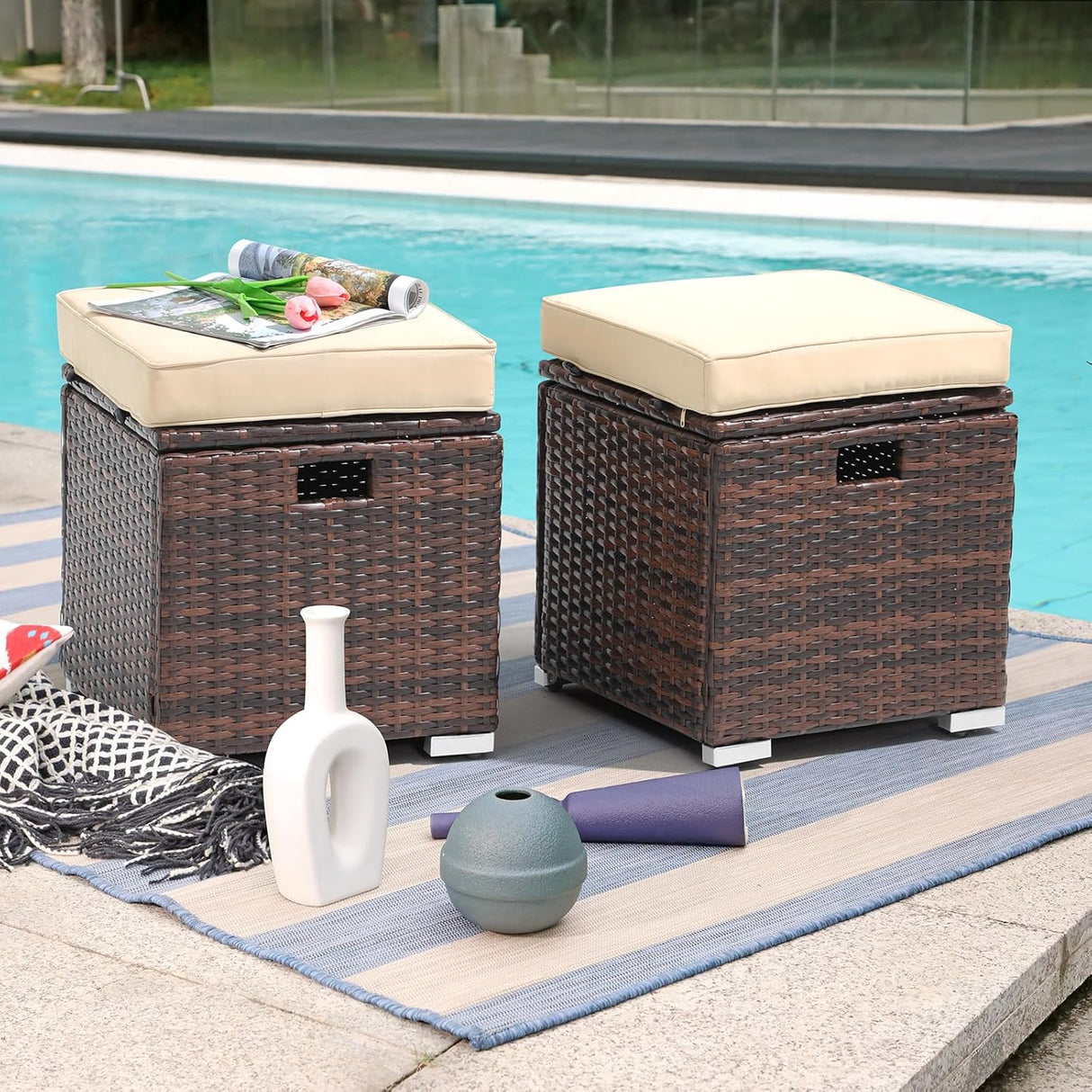Patioslife Outdoor Ottoman with Storage – Grey PE Rattan Footrest with Thick Cushion for Patio or Pool