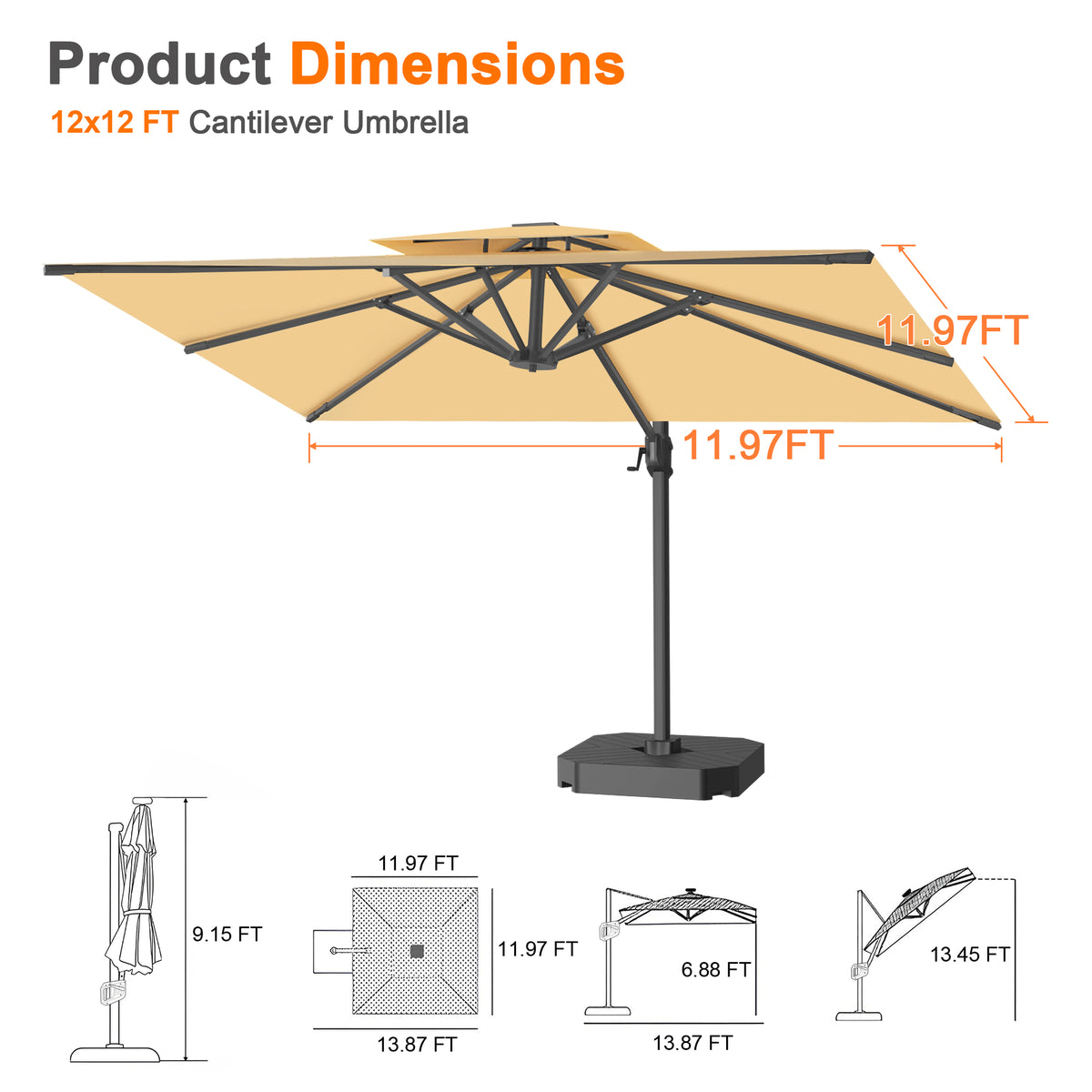 Patioslife Aegis Cantilever Umbrella with Reinforced Aluminum Ribs and Pole for Patios, Gardens & Decks