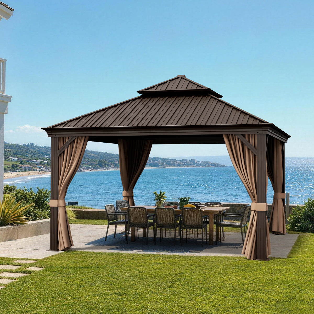 Patioslife Haven Luxury Hardtop Gazebo with 4.7” x 4.7” Reinforced Aluminum Posts, Built-In Drainage Gutters, Curtains & Netting for Patios & Backyards
