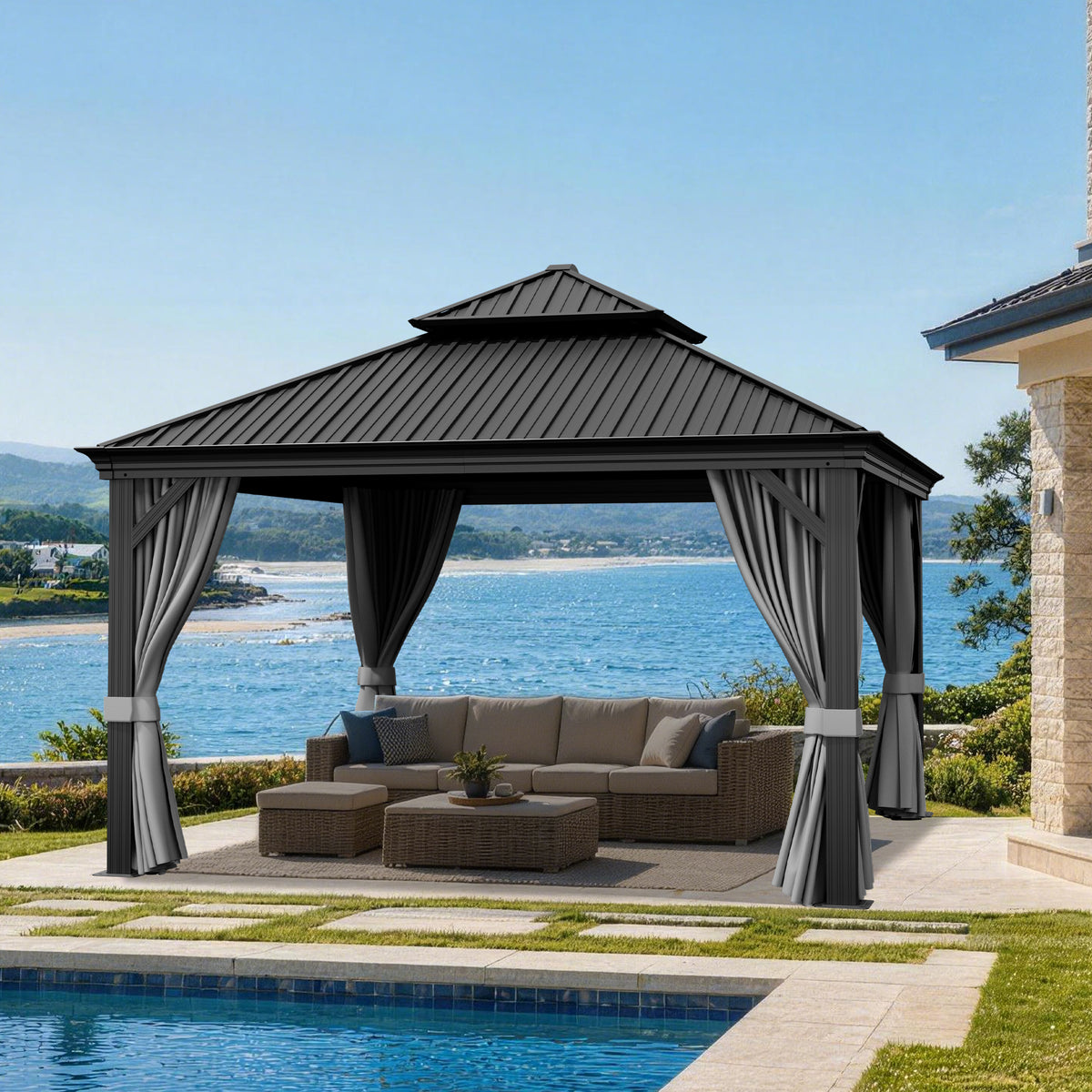 Patioslife Haven Luxury Hardtop Gazebo with 4.7” x 4.7” Reinforced Aluminum Posts, Built-In Drainage Gutters, Curtains & Netting for Patios & Backyards