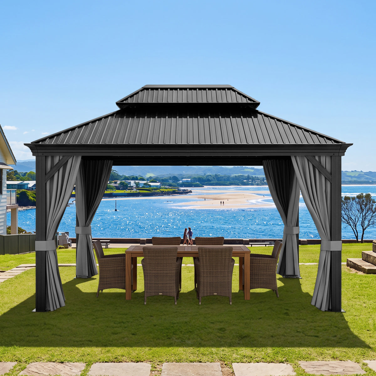 Patioslife Haven Luxury Hardtop Gazebo with 4.7” x 4.7” Reinforced Aluminum Posts, Built-In Drainage Gutters, Curtains & Netting for Patios & Backyards
