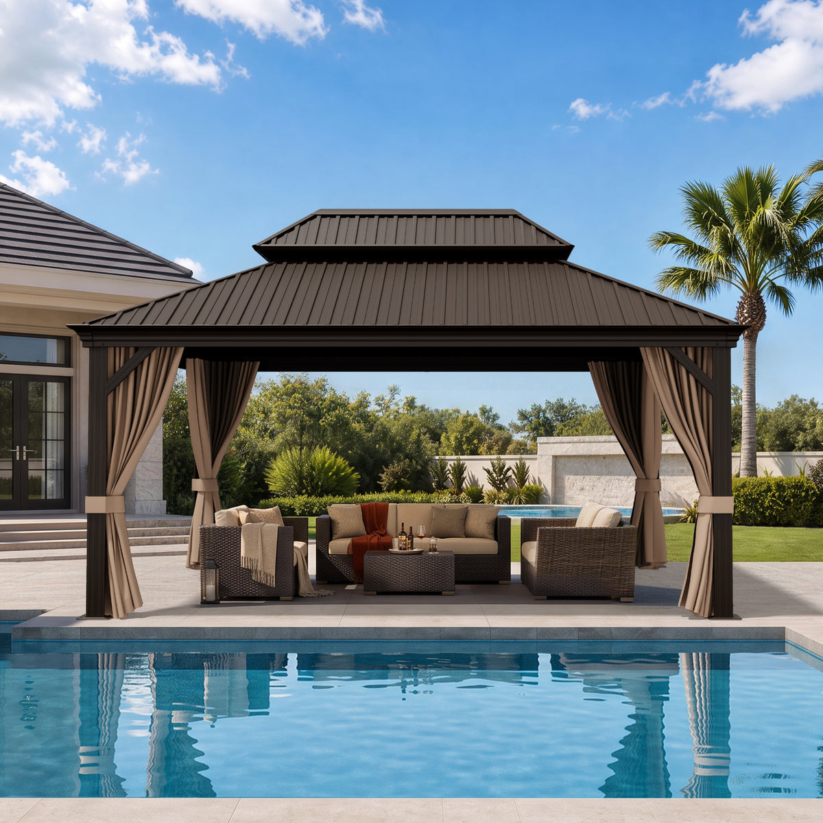 Patioslife Haven Luxury Hardtop Gazebo with 4.7” x 4.7” Reinforced Aluminum Posts, Built-In Drainage Gutters, Curtains & Netting for Patios & Backyards