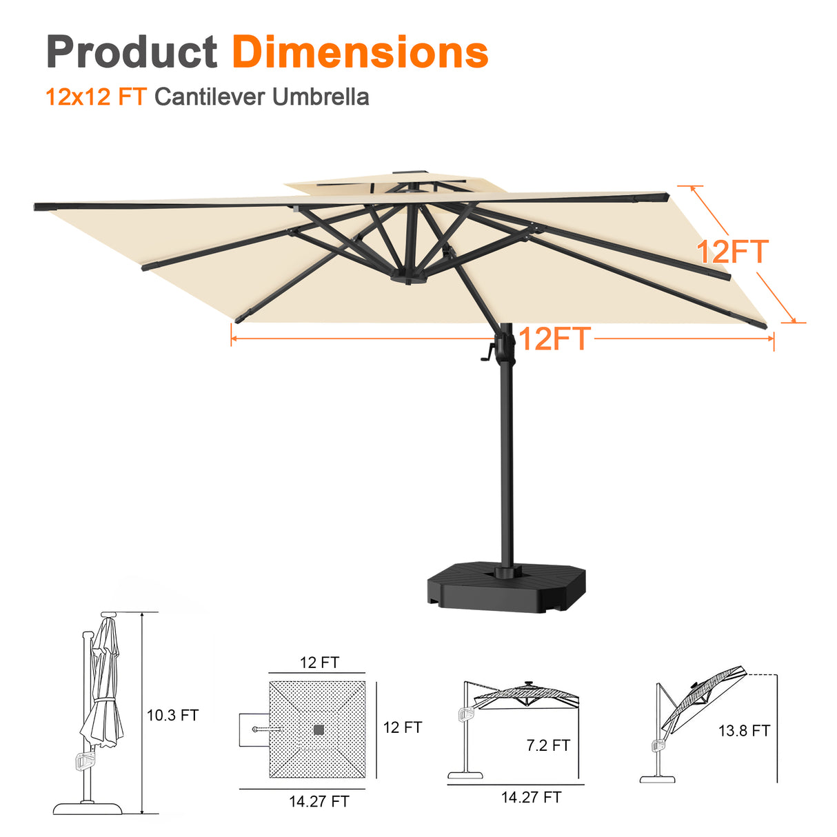 Patioslife Aegis Cantilever Umbrella with Reinforced Aluminum Ribs and Pole for Patios, Gardens & Decks