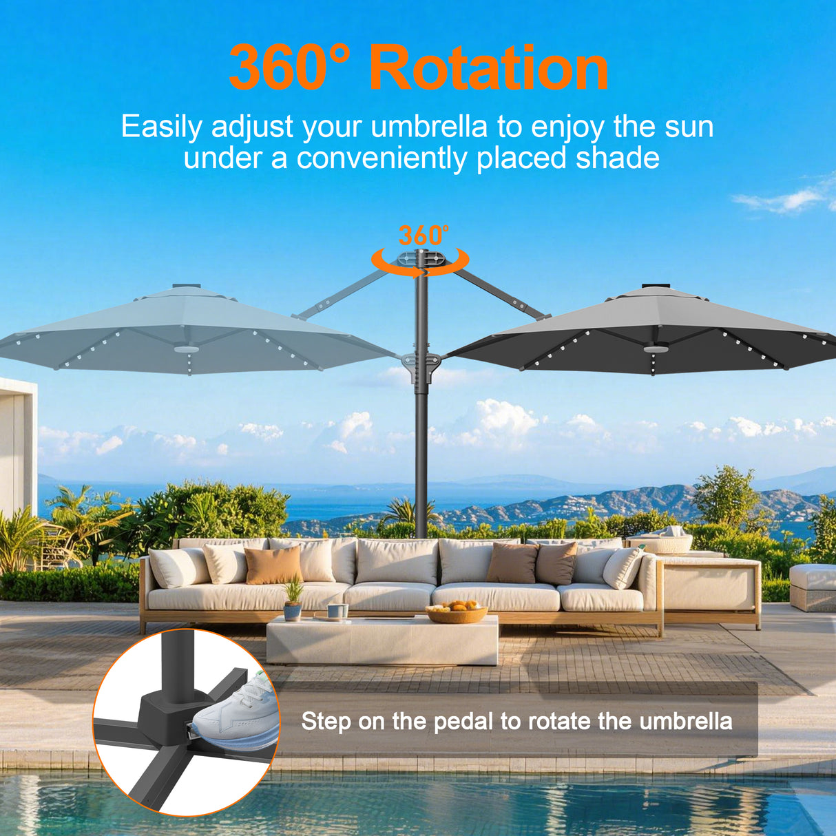 Patioslife Aegis 10ft Round Cantilever Patio Umbrella with solar LED lights | Premium Cover | Large Base