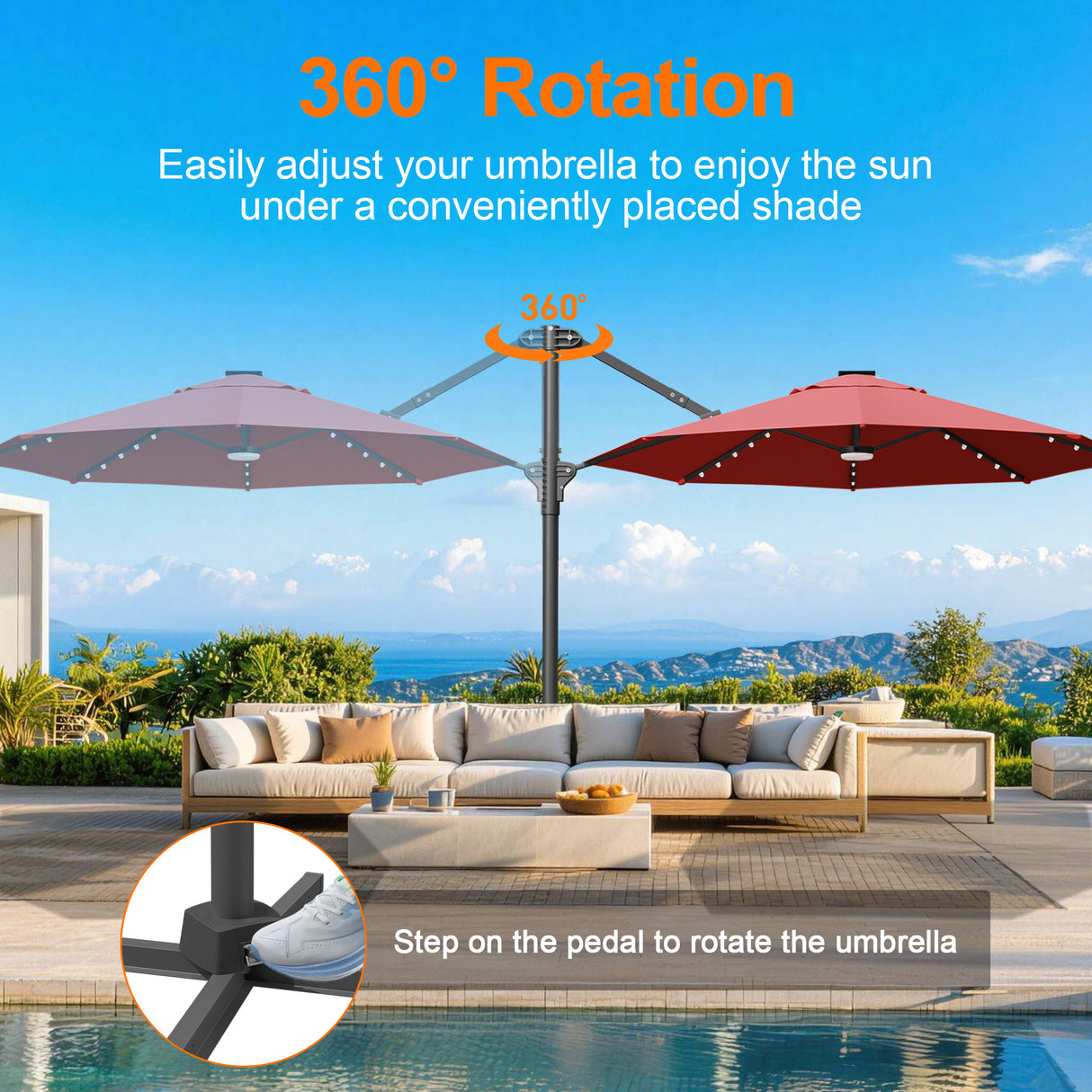 Patioslife Aegis 10ft Round Cantilever Patio Umbrella with solar LED lights | Premium Cover | Large Base