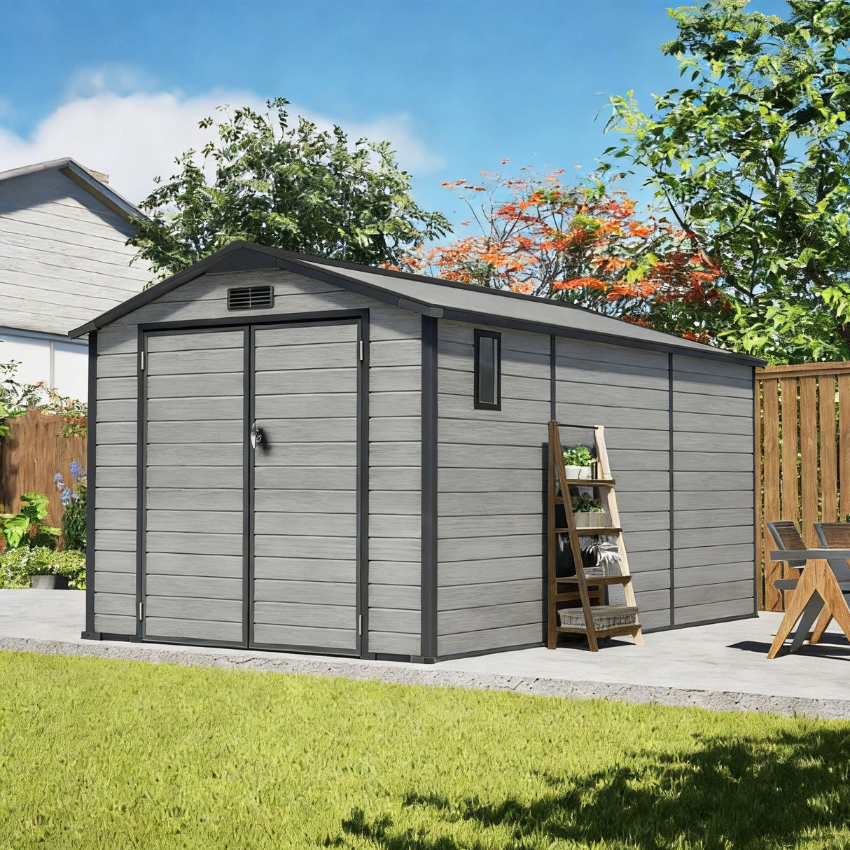Outdoor Storage Shed with Floor Patioslife YardVault , All-Weather Waterproof Plastic Garden Shed in Resin with Lock and Window for Backyard, Heavy-Duty Storage Shed for Tools, Bikes & Lawn Equipment