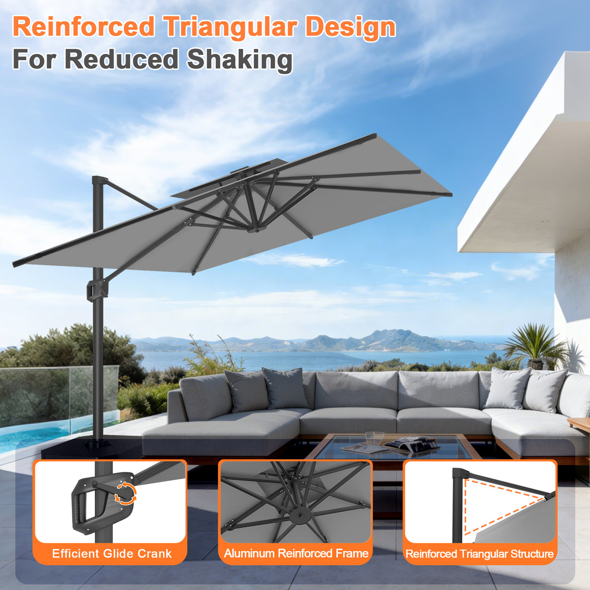 Patioslife Aegis Pro™ Cantilever Umbrella with Cross Metal Base, Reinforced & Powder-Coated Aluminium Ribs and Pole, Ideal for Garden & Patio