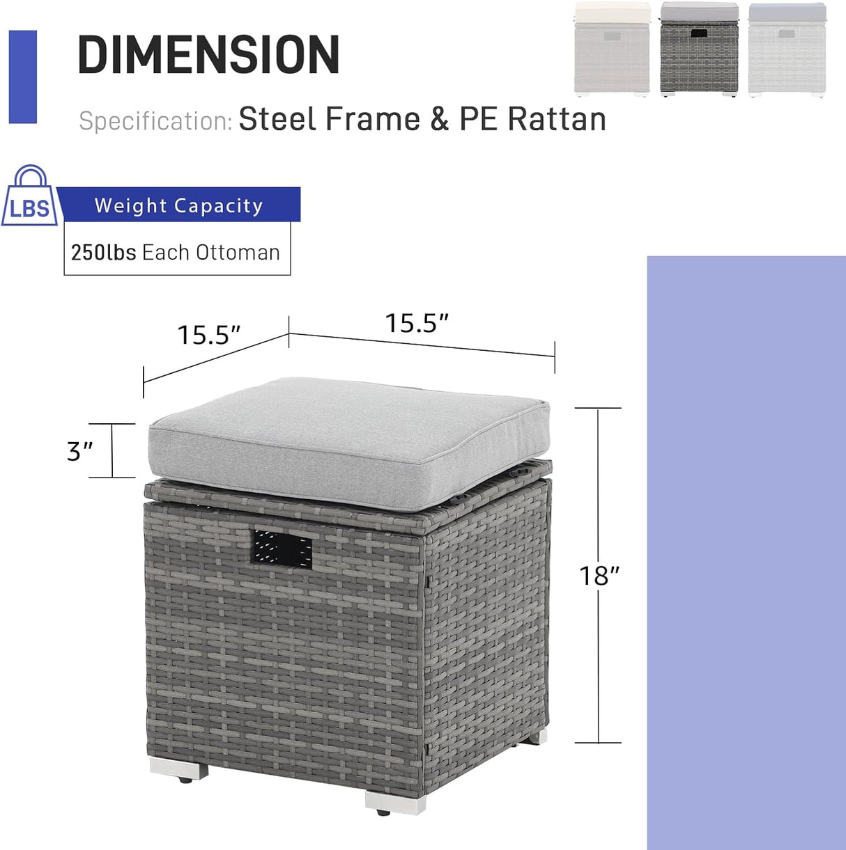 Patioslife Outdoor Ottoman with Storage – Grey PE Rattan Footrest with Thick Cushion for Patio or Pool