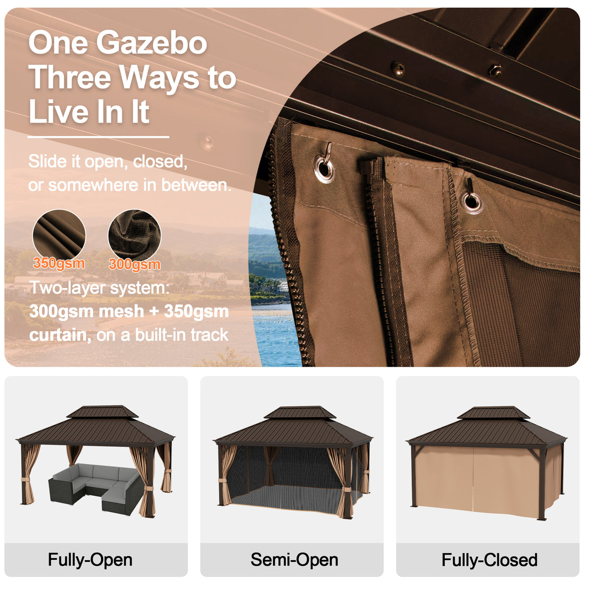 Patioslife Haven Luxury Hardtop Gazebo with 4.7” x 4.7” Reinforced Aluminum Posts, Built-In Drainage Gutters, Curtains & Netting for Patios & Backyards