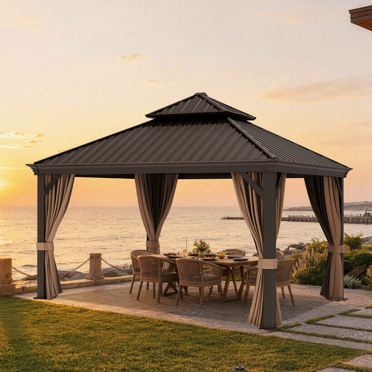 Patioslife Haven Luxury Hardtop Gazebo with 4.7” x 4.7” Reinforced Aluminum Posts, Built-In Drainage Gutters, Curtains & Netting for Patios & Backyards
