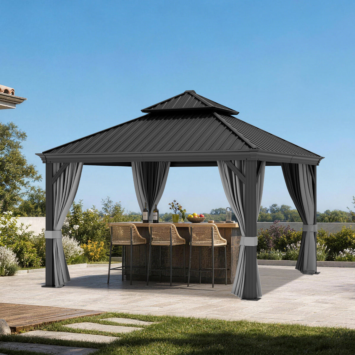 Patioslife Haven Luxury Hardtop Gazebo with 4.7” x 4.7” Reinforced Aluminum Posts, Built-In Drainage Gutters, Curtains & Netting for Patios & Backyards