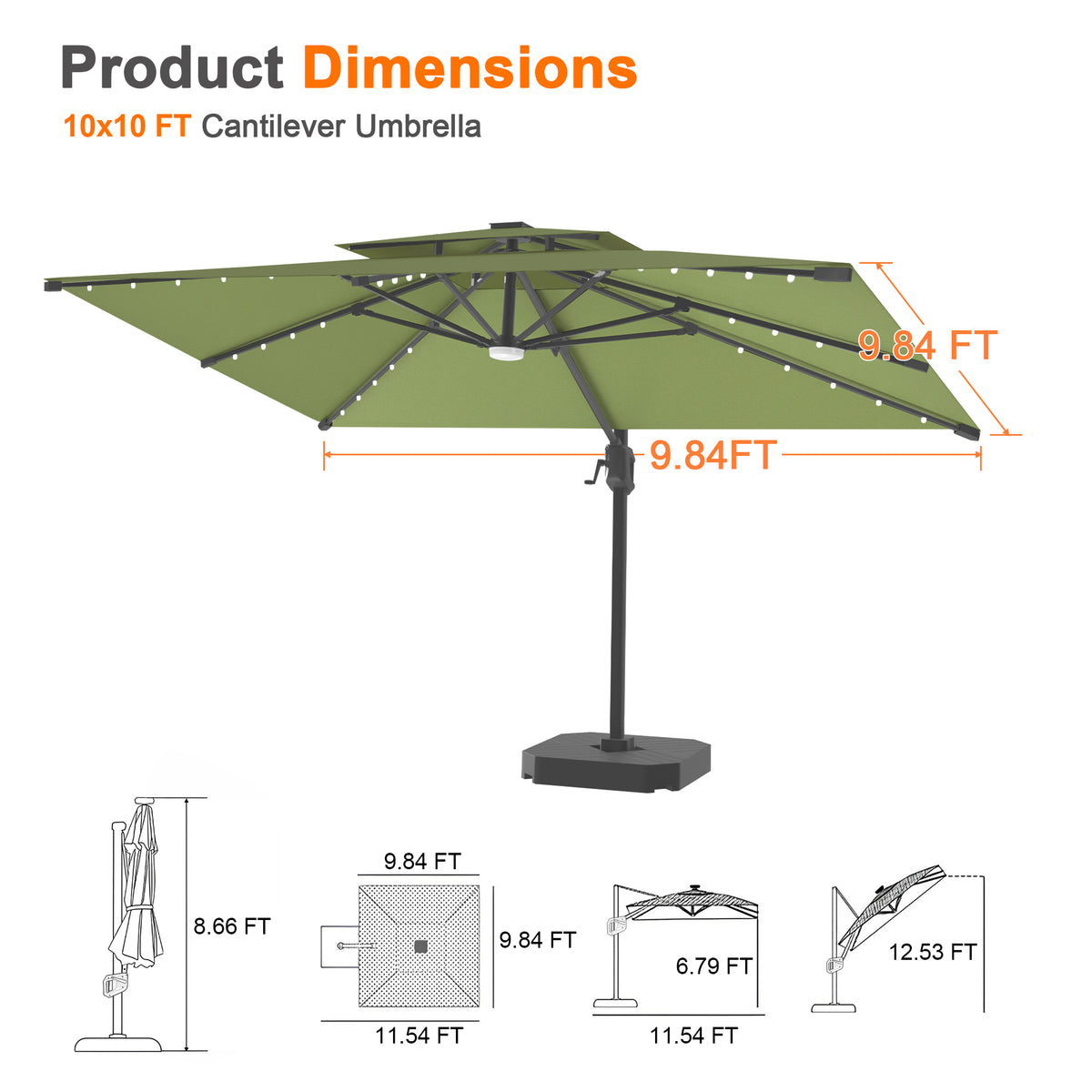 Patioslife Aegis Pro Cantilever Umbrella with Built-In LED Lights and Reinforced Aluminum Ribs and Pole for Patios & Gardens