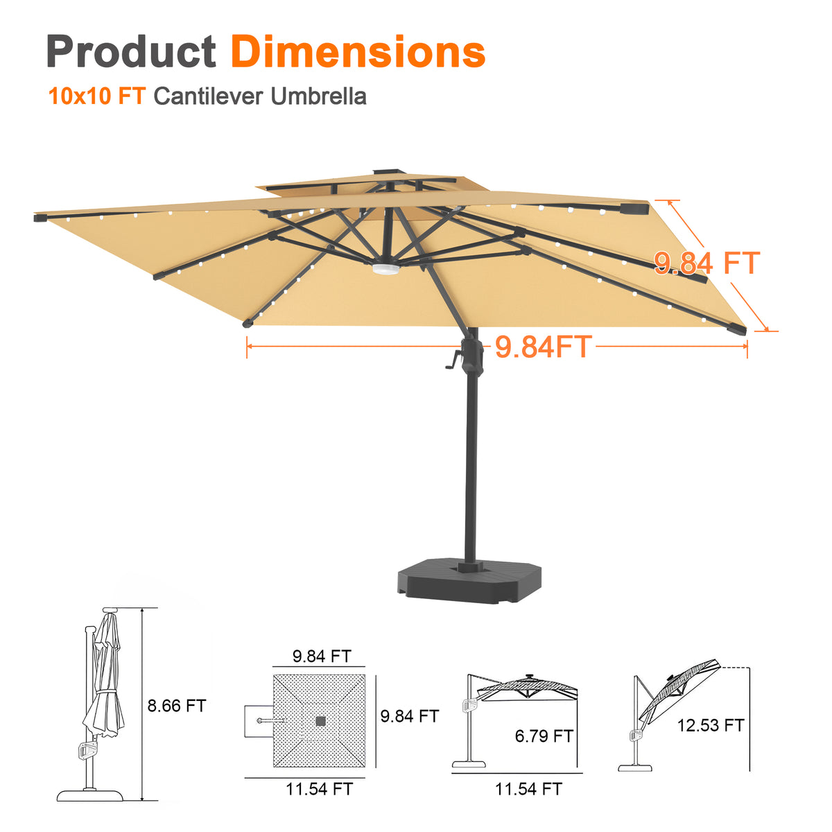 Patioslife Aegis Pro Cantilever Umbrella with Built-In LED Lights and Reinforced Aluminum Ribs and Pole for Patios & Gardens