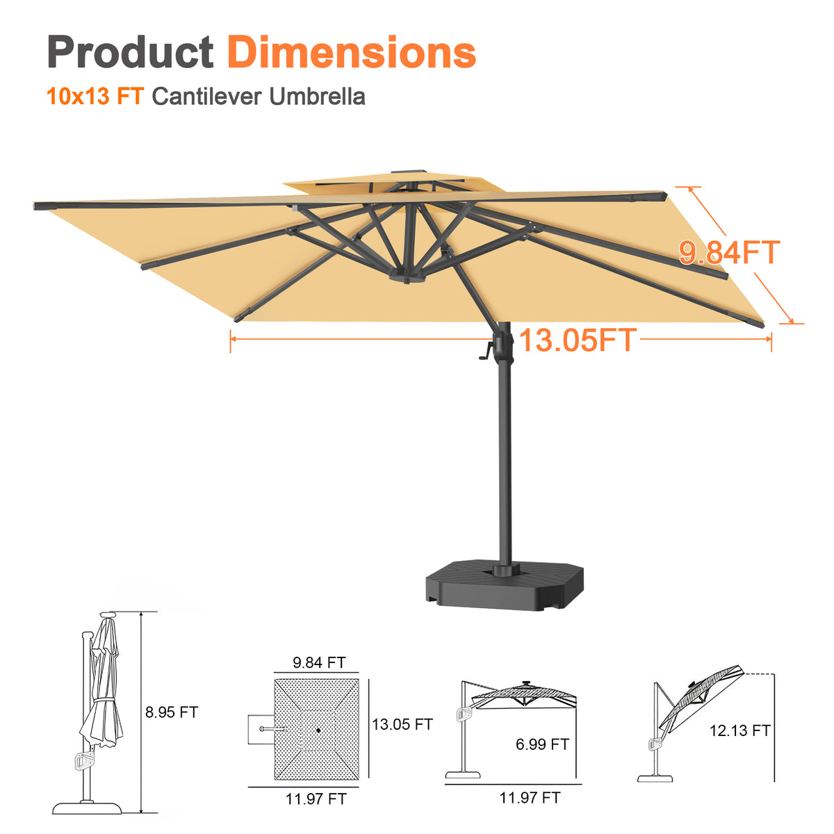 Patioslife Aegis Cantilever Umbrella with Reinforced Aluminum Ribs and Pole for Patios, Gardens & Decks