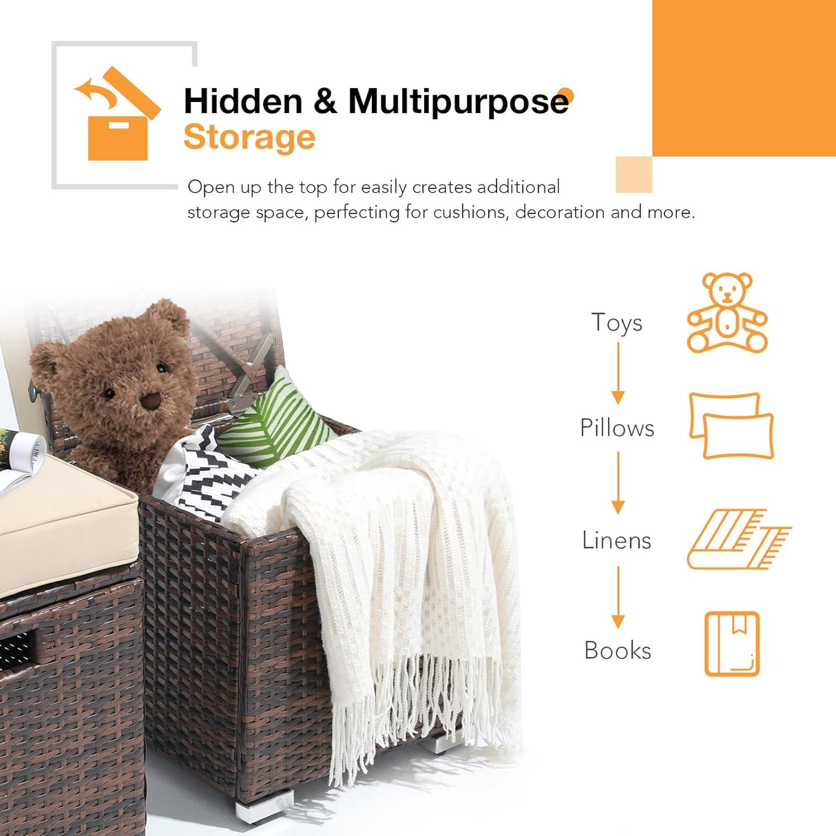 Patioslife Outdoor Ottoman with Storage – Grey PE Rattan Footrest with Thick Cushion for Patio or Pool