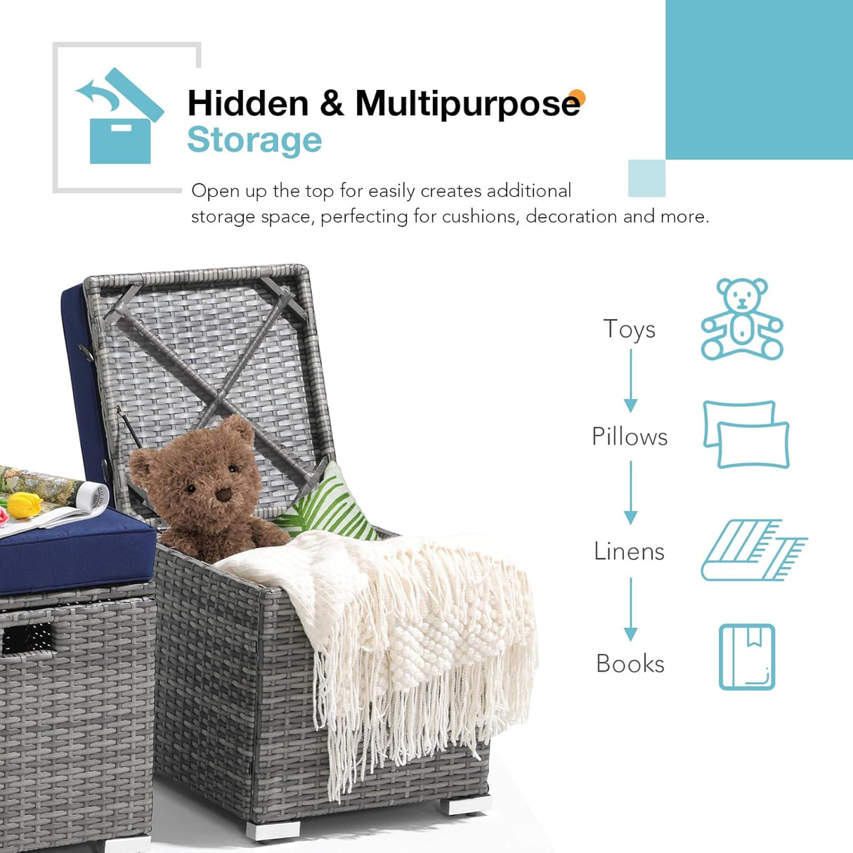 Patioslife Outdoor Ottoman with Storage – Grey PE Rattan Footrest with Thick Cushion for Patio or Pool