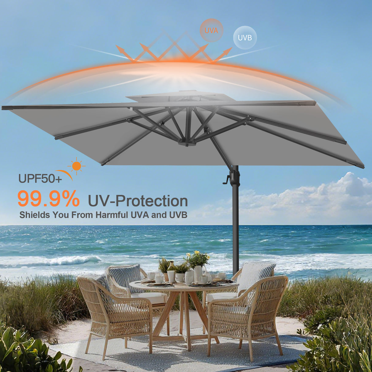 Patioslife Aegis Pro™ Cantilever Umbrella with Cross Metal Base, Reinforced & Powder-Coated Aluminium Ribs and Pole, Ideal for Garden & Patio