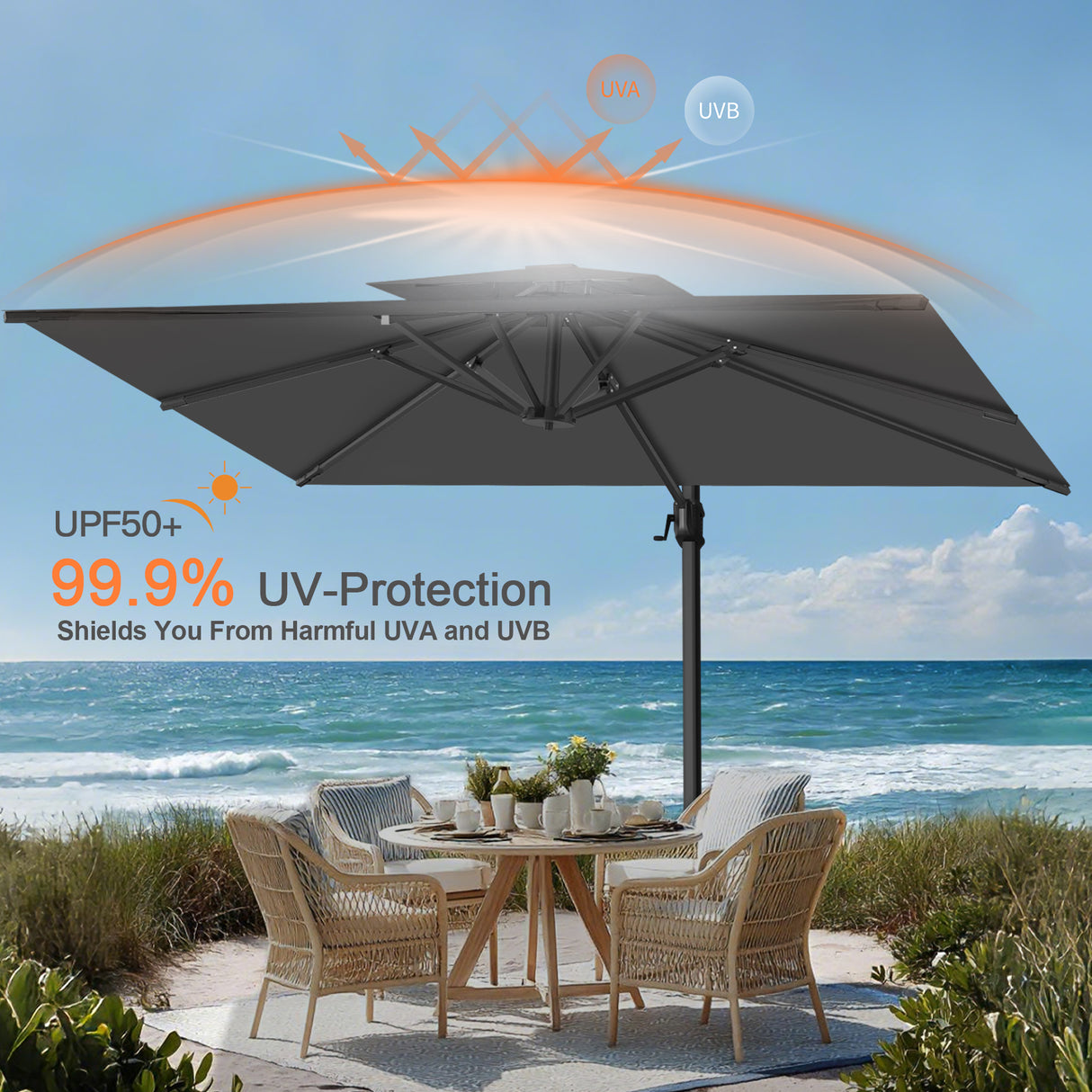 Patioslife Aegis Pro™ Cantilever Umbrella with Cross Metal Base, Reinforced & Powder-Coated Aluminium Ribs and Pole, Ideal for Garden & Patio