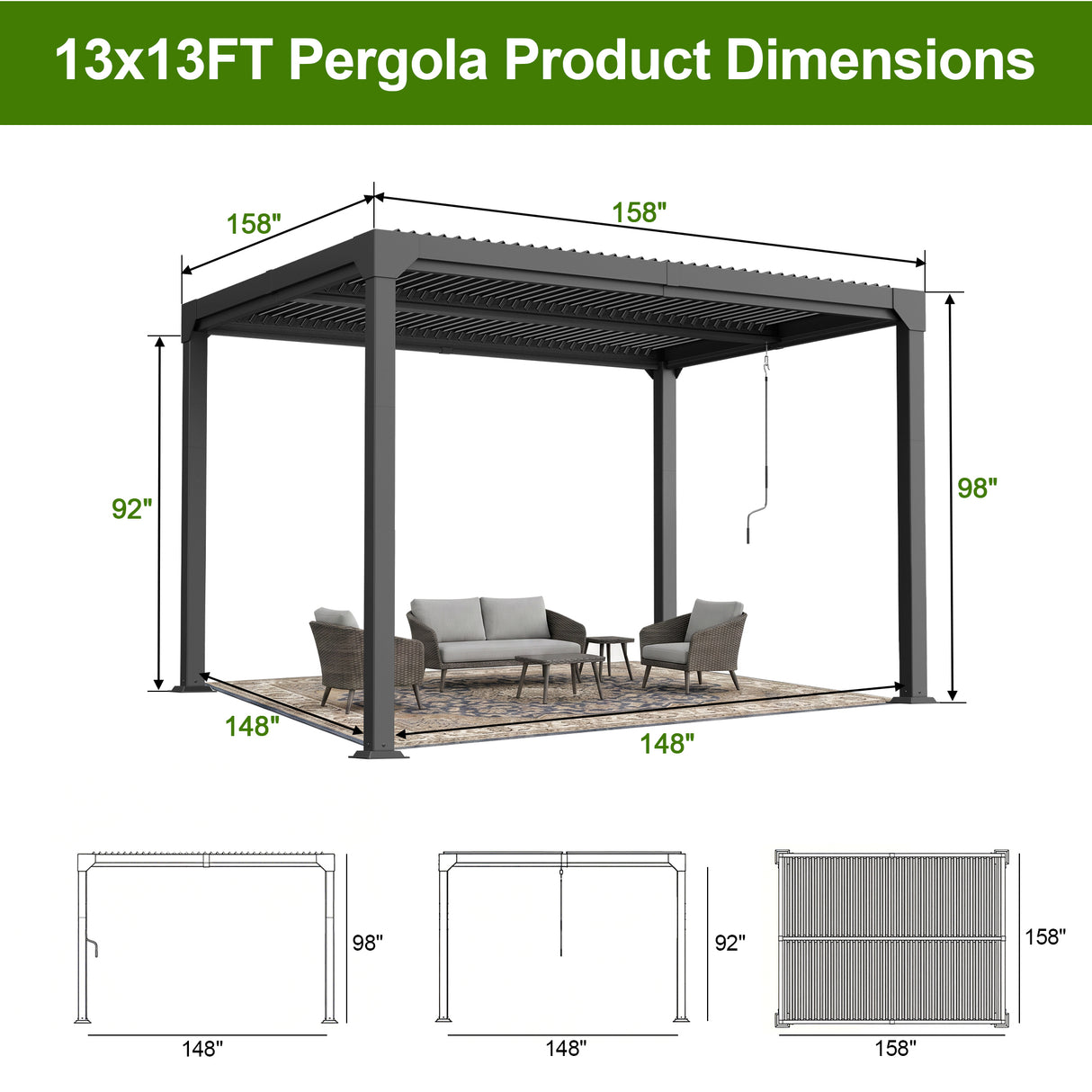Patioslife Atlantic | Metal Louvered Pergola with Adjustable Roof, Freestanding All-Weather Shelter for Deck, Patio & Poolside