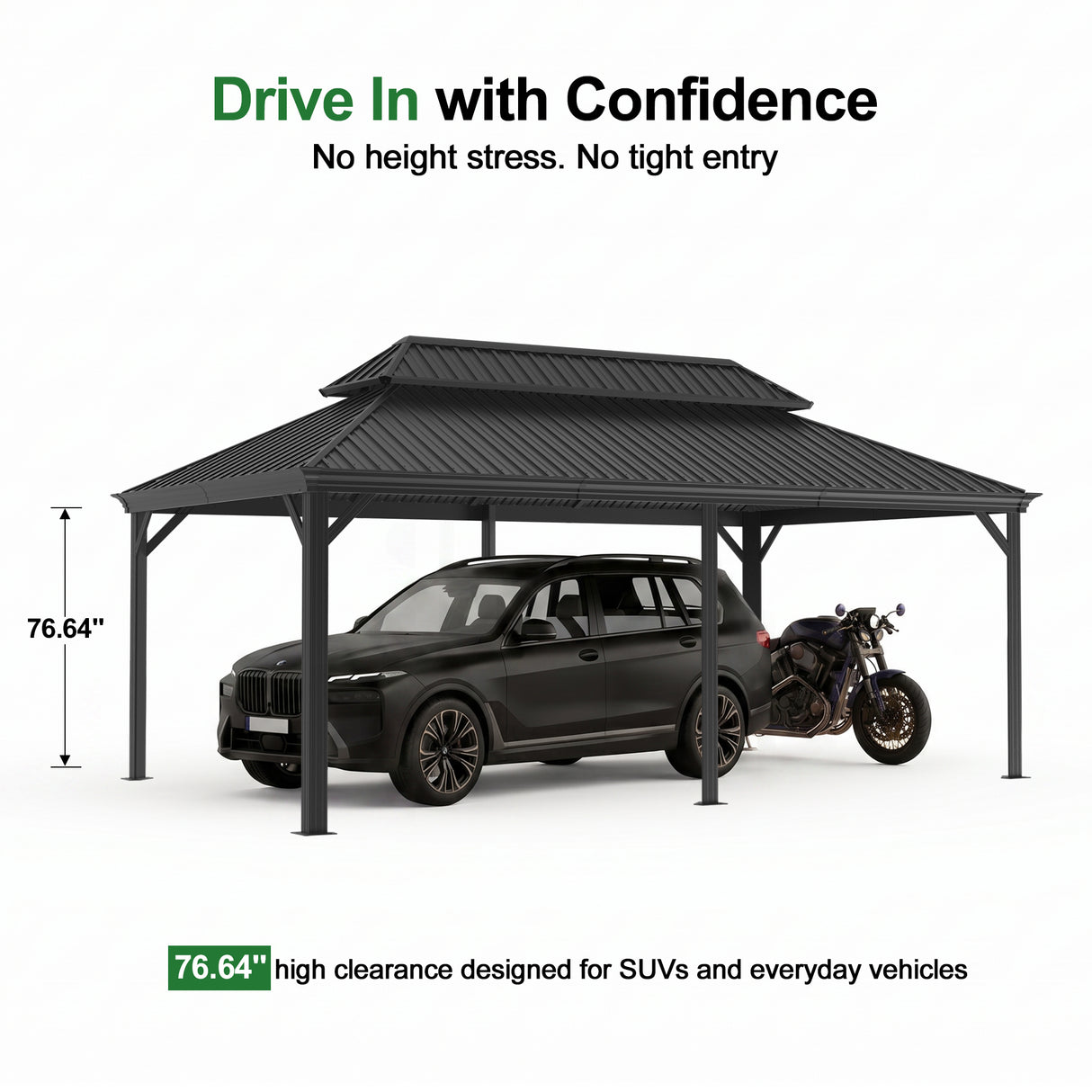 Patioslife All-Weather Aluminum Carport – Steel Roof Canopy for Cars, Motorcycles, RVs & Boats
