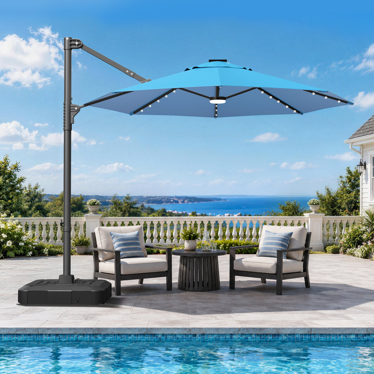 Patioslife Aegis 10ft Round Cantilever Patio Umbrella with solar LED lights | Premium Cover | Large Base