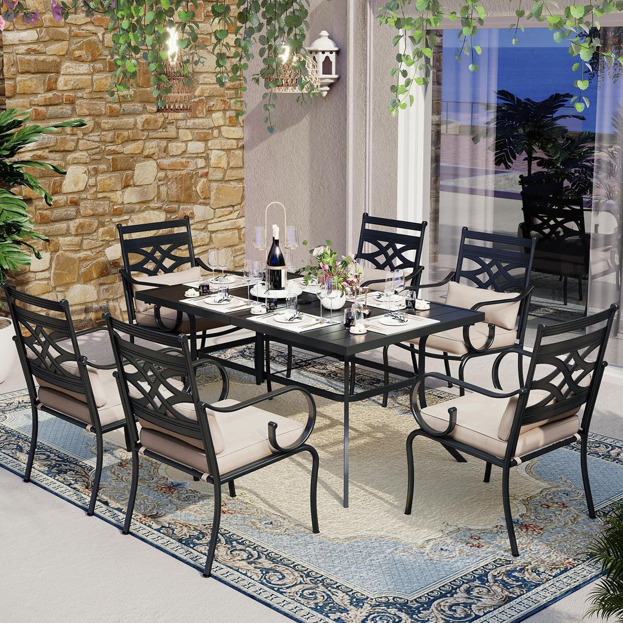 Patioslife 7 PCS Patio Dining Set – Rectangular Table with Umbrella Hole & 6 Cushioned Chairs for Backyard|Porch|Balcony|Deck