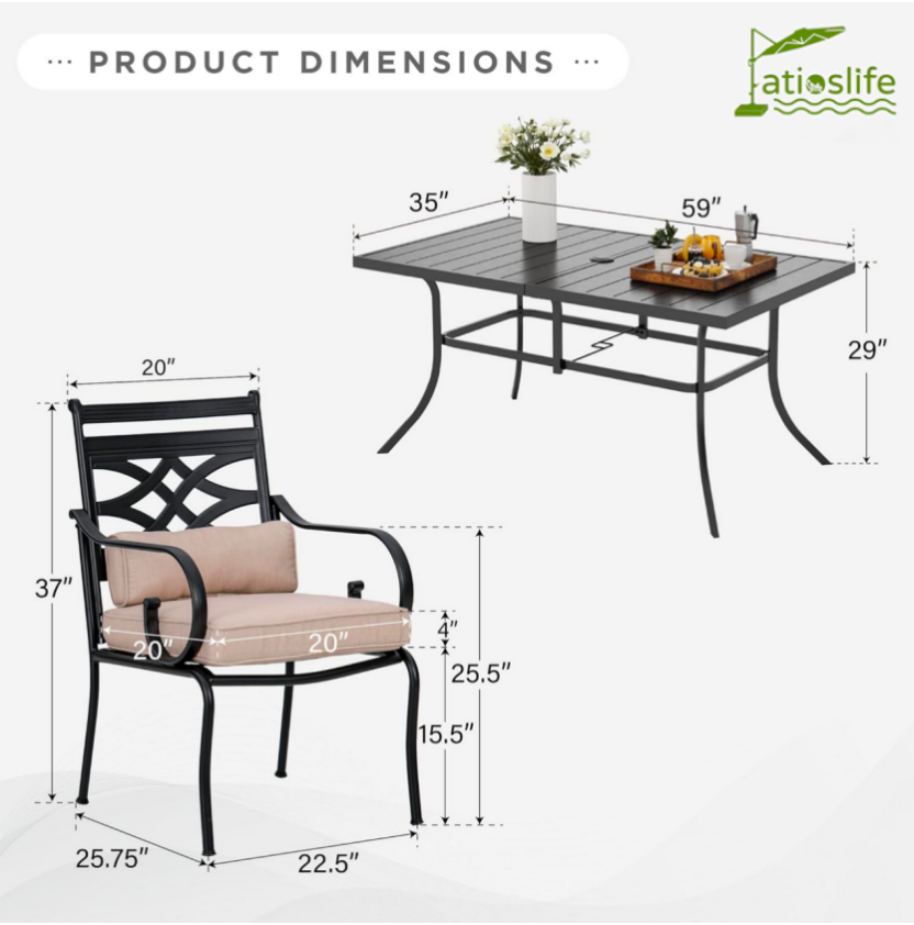 Patioslife 7 PCS Patio Dining Set – Rectangular Table with Umbrella Hole & 6 Cushioned Chairs for Backyard|Porch|Balcony|Deck